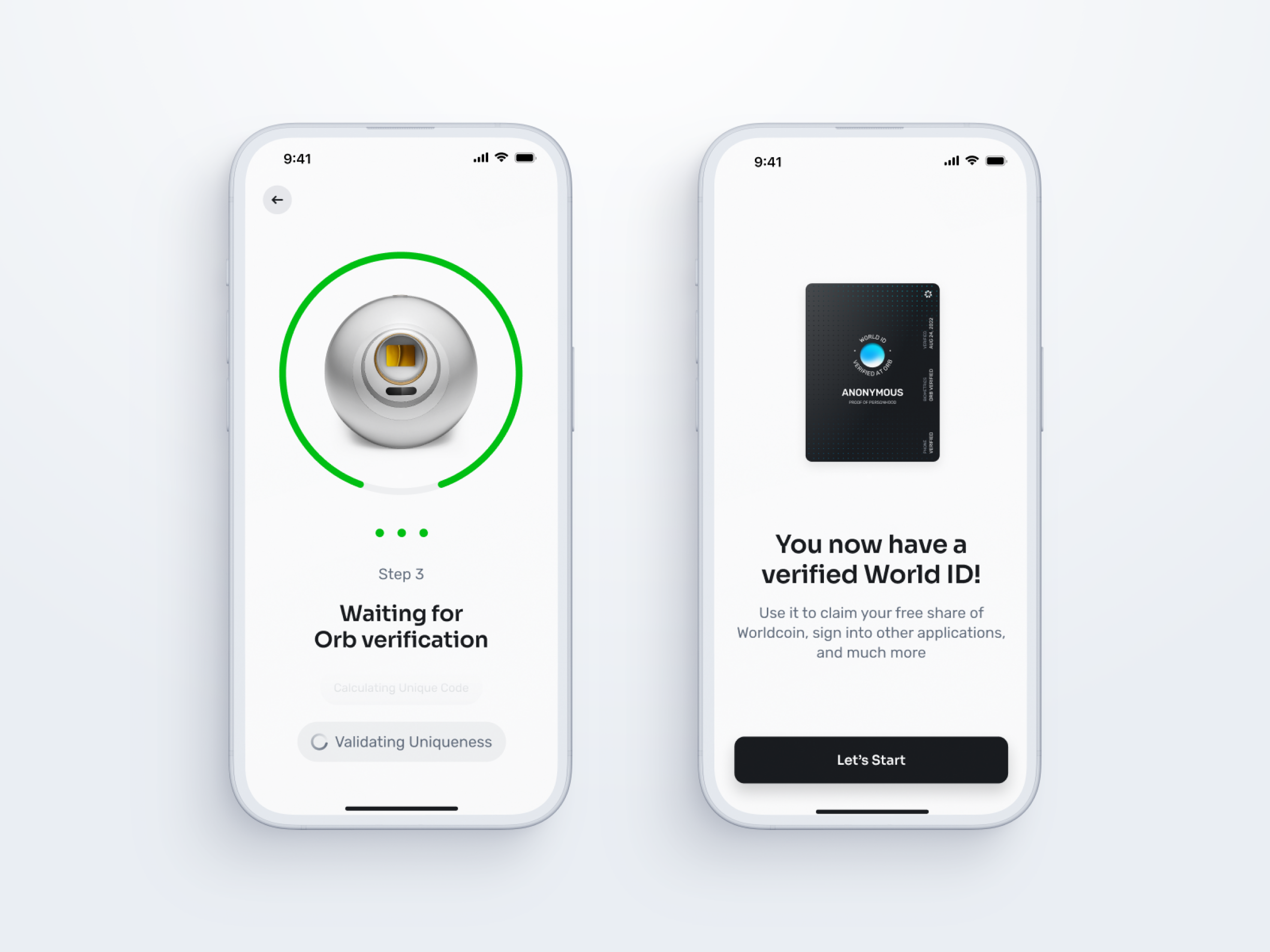Screenshots of the World App displaying Orb verification steps and confirmation of a verified World ID. The left screen shows a loading circle with 'Waiting for Orb verification'. The right screen confirms, 'You now have a verified World ID' with a call to action to start.