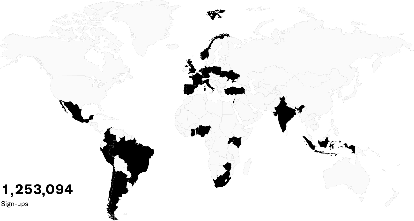 World map highlighting countries with sign-ups for Worldcoin, showing a total of 1,253,094 sign-ups.
