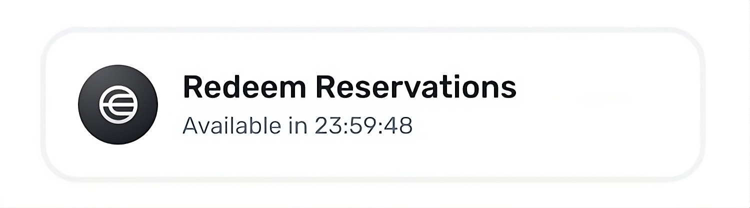 Screenshot of the World App feature showing 'Redeem Reservations' with a timer indicating availability in 23:59:48.