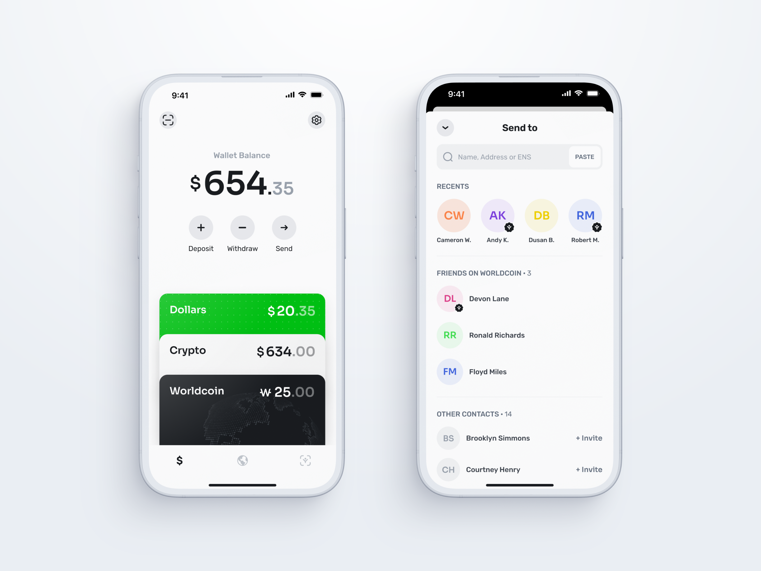 Screenshot of the World App displaying wallet balance and send options. The left screen shows a balance of $654.35 with options for deposit, withdrawal, and crypto values. The right screen allows users to send money with recent contacts listed.