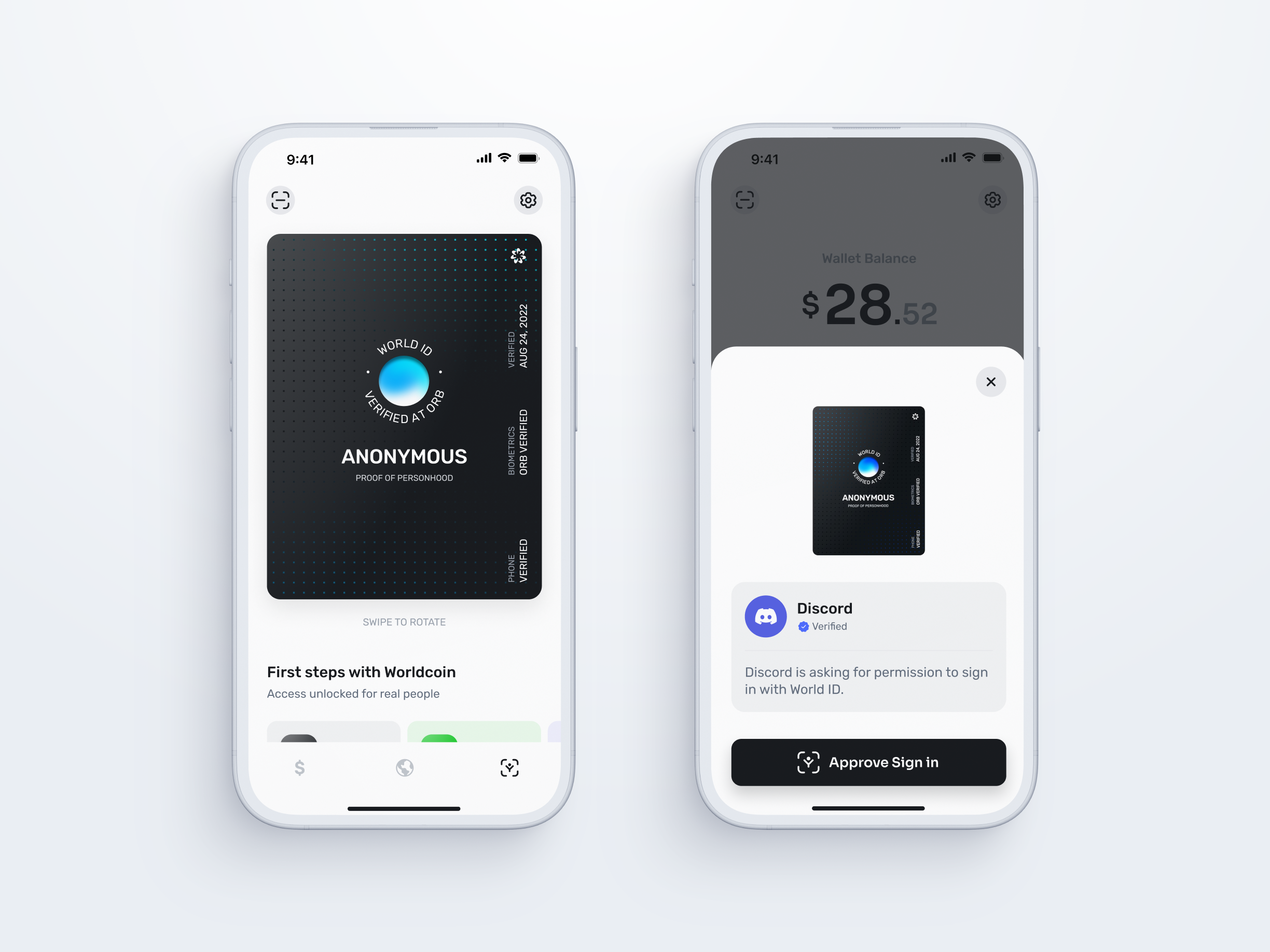 Screenshots of the World App displaying wallet balance and sign-in prompt for Discord, showcasing digital identity features.