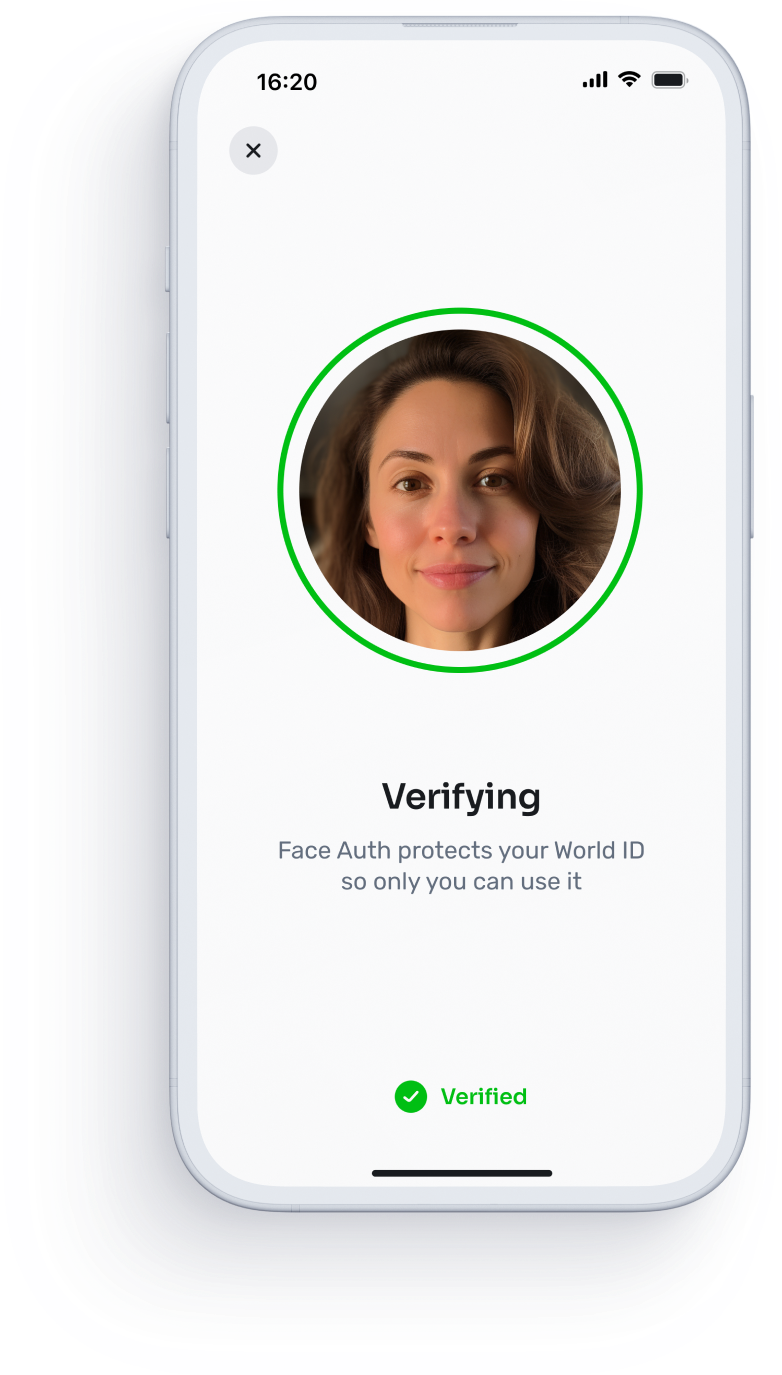 Screenshot of the World App showing a verification screen with a user's face and the message 'Verifying'.