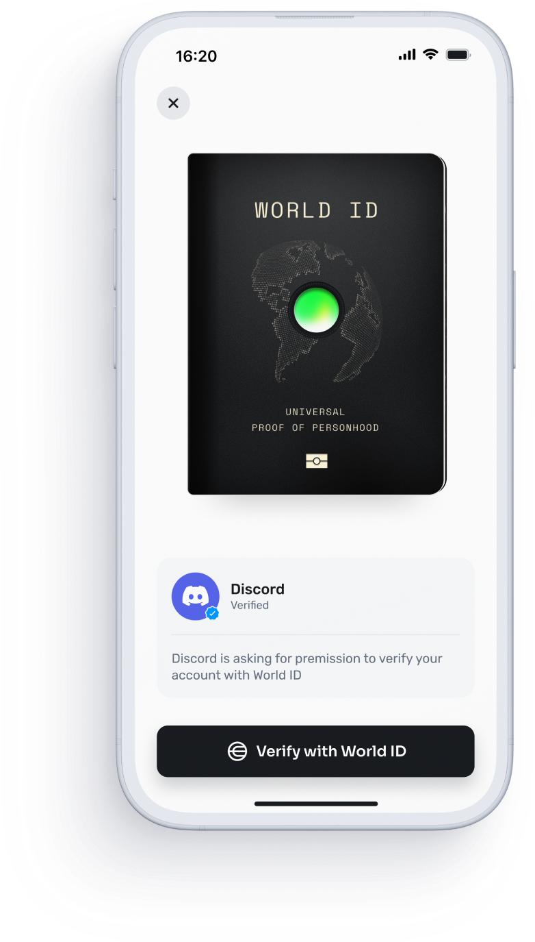 World ID verification interface on a mobile device, showing a World ID card and a permission request from Discord.