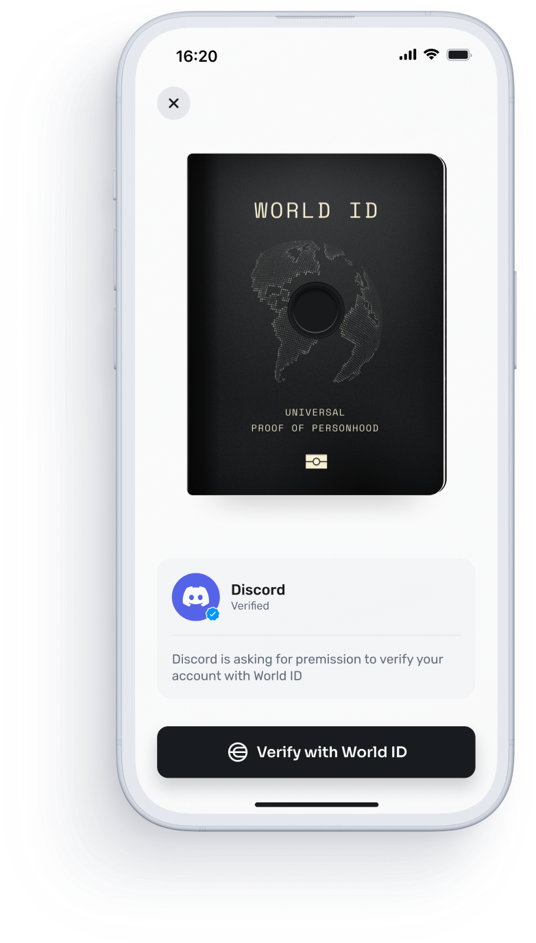 Screenshot of the World App displaying a World ID with a verification request from Discord, showcasing the universal proof of personhood feature.