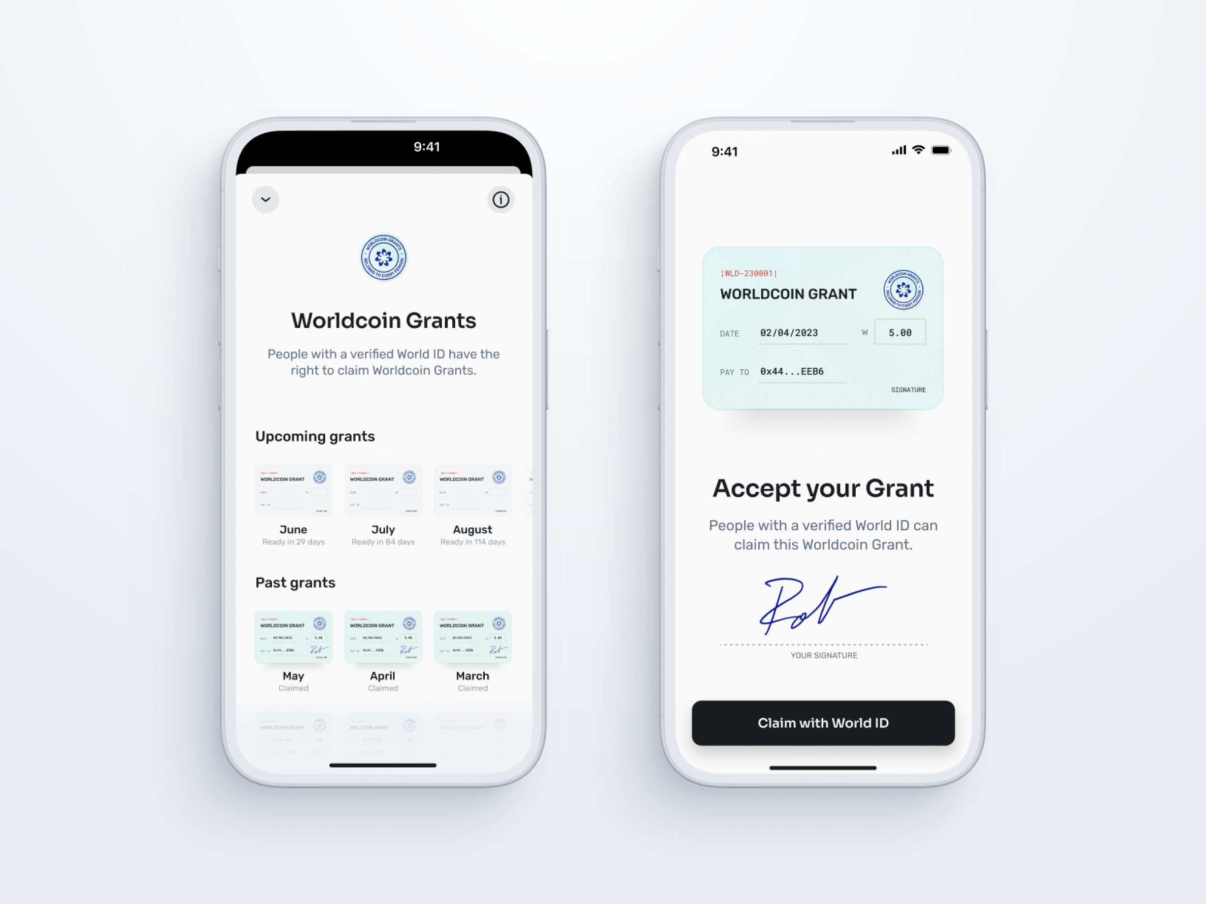 Screenshots of the World App displaying Worldcoin Grants with details for claiming digital identity benefits.