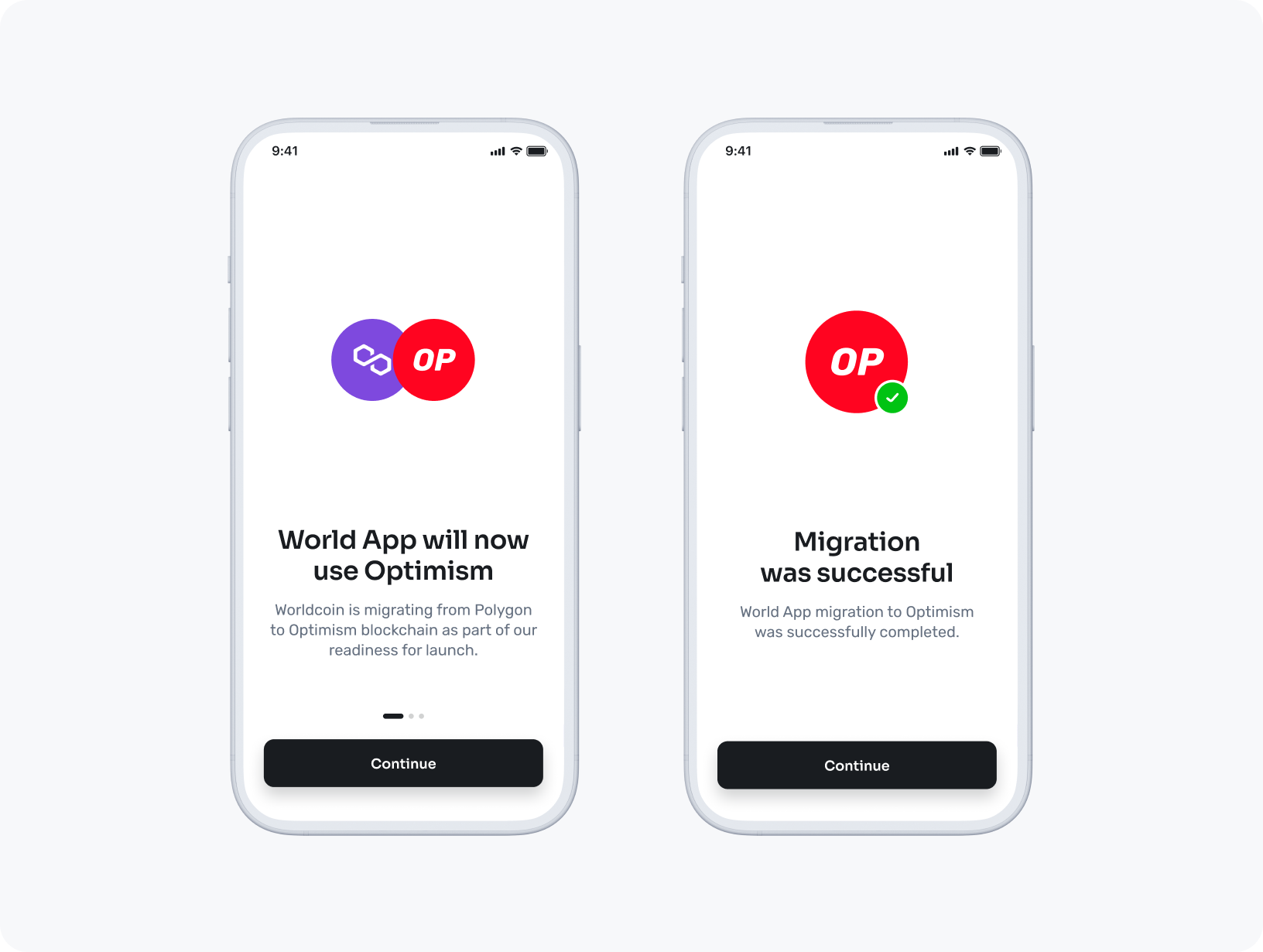 Screenshots of the World App displaying migration updates. Left: 'World App will now use Optimism' with a red and black logo. Right: 'Migration was successful' with a green checkmark.