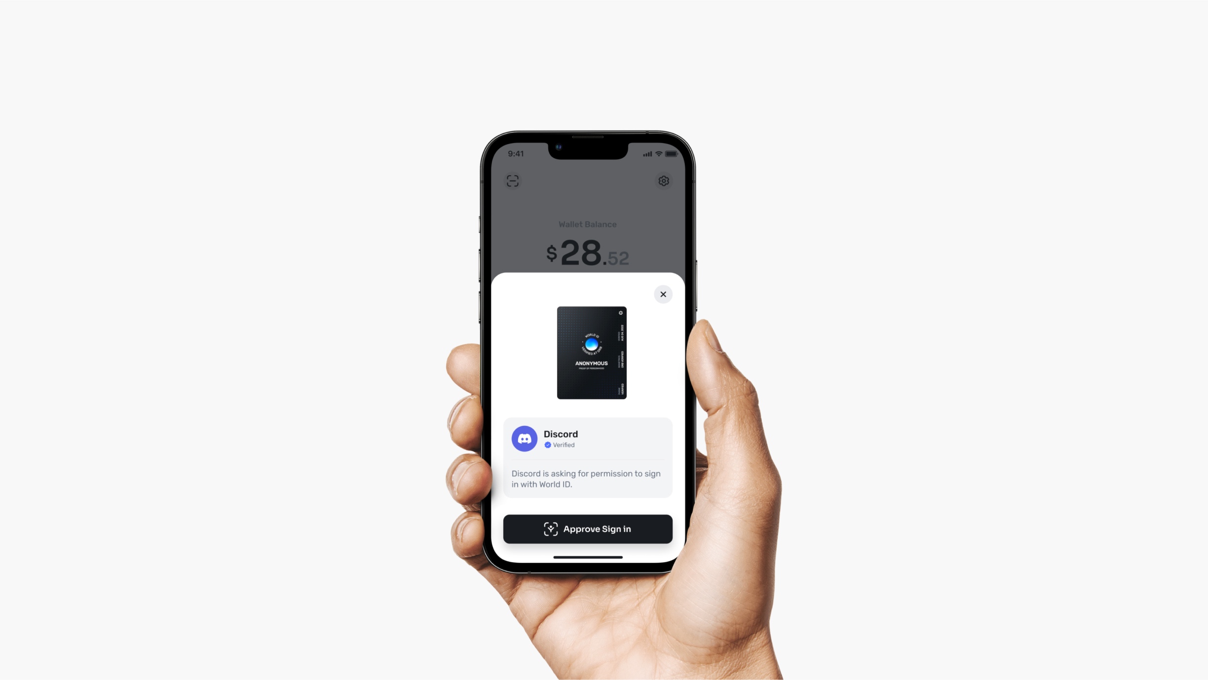 A hand holding a smartphone displaying the World App with wallet balance and a prompt for sign-in approval.