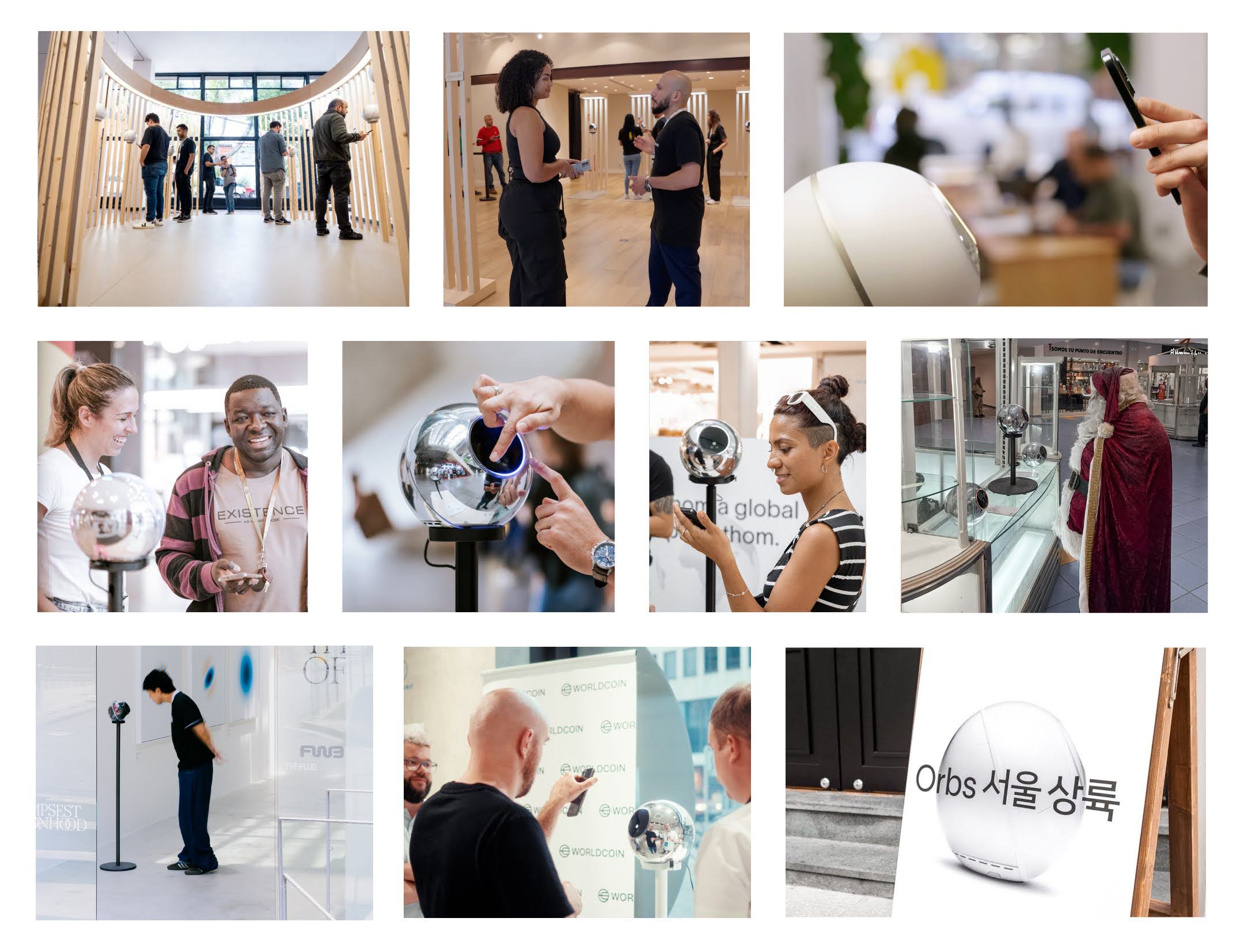 Collage of diverse individuals using the Orb for biometric verification in various locations. Scenes show people engaging with technology and facilitating World ID access.