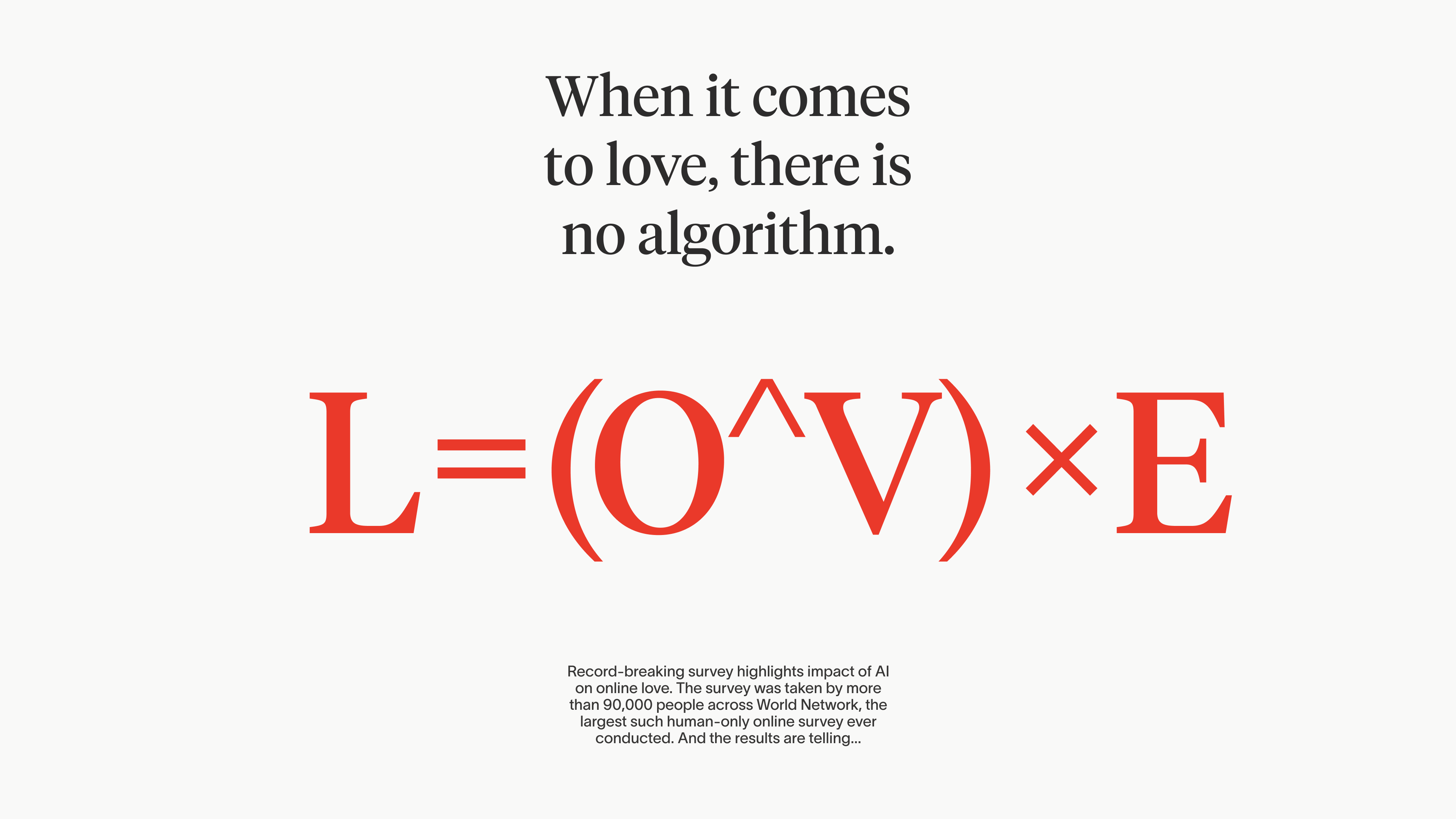 A bold statement reading 'When it comes to love, there is no algorithm.' with a mathematical expression highlighting love's components. It serves as a visual focus for a blog discussing AI and relationships.