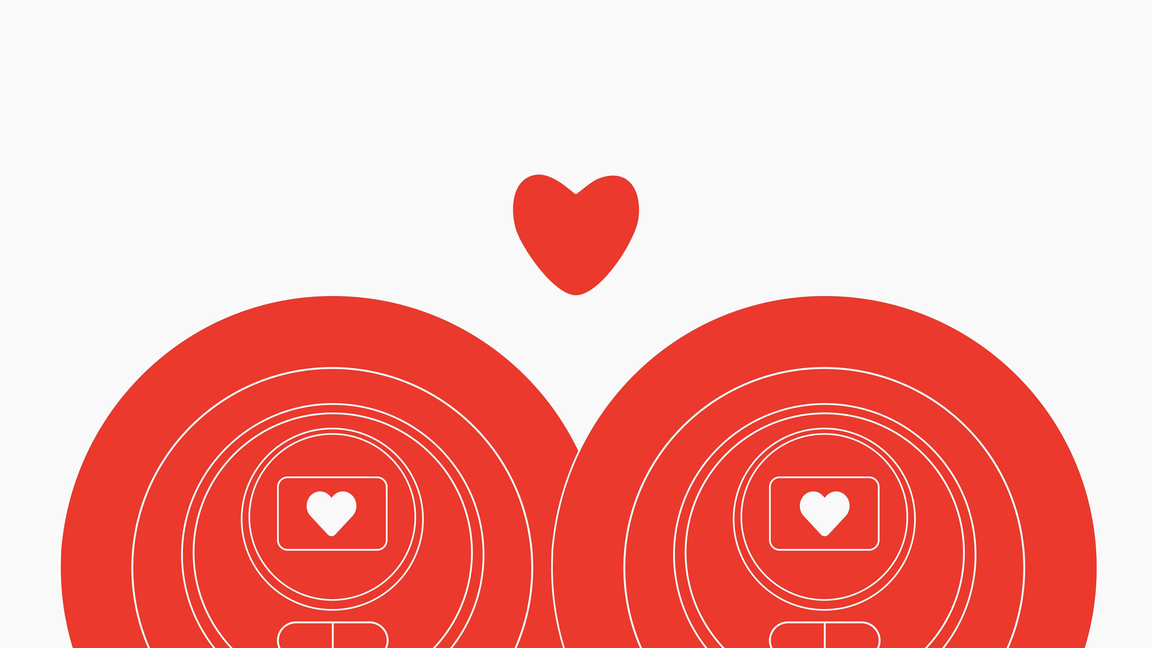Two rounded shapes with heart icons in the center, symbolizing connection and love in the context of AI.