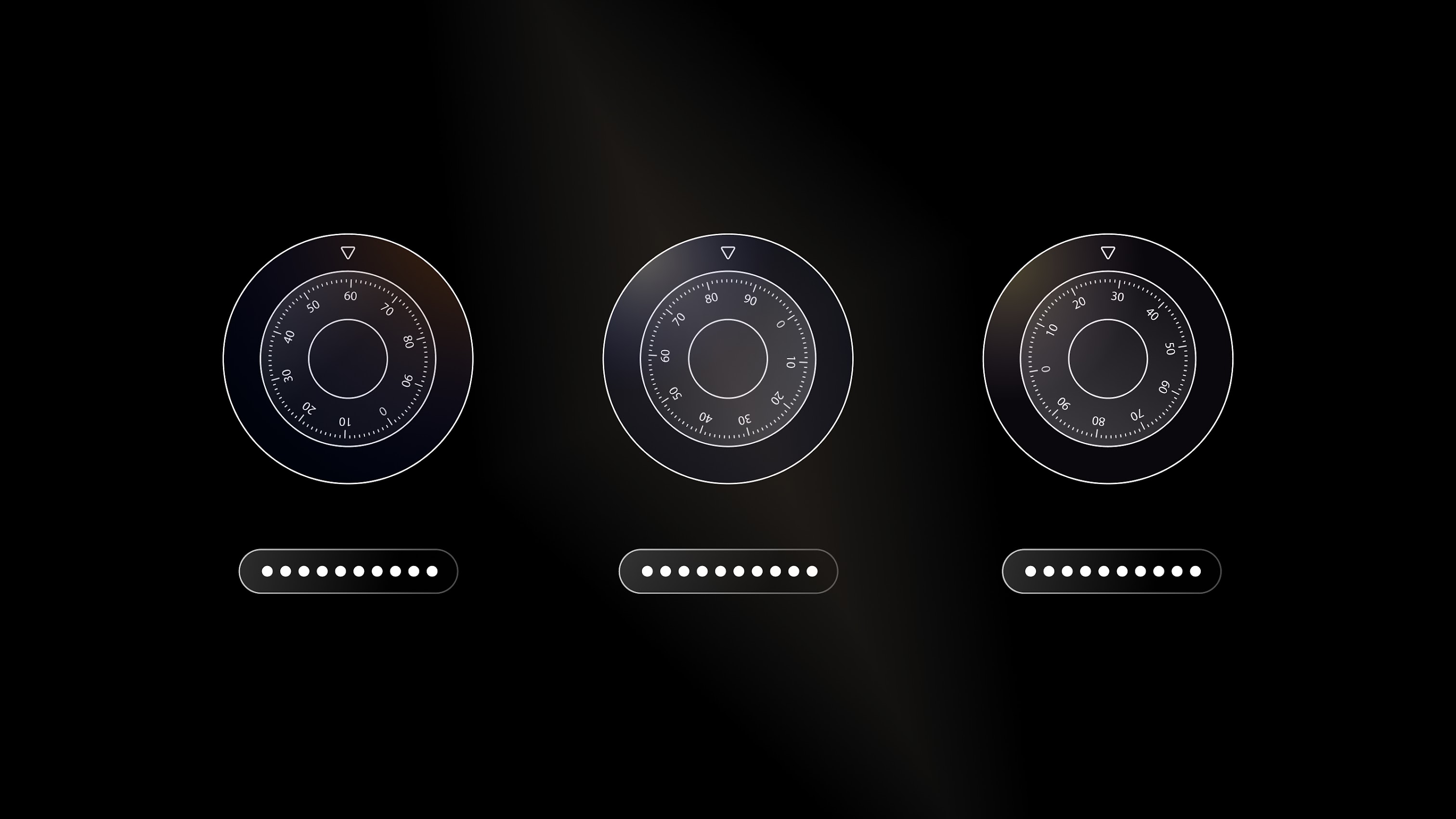 Three combination lock dials on a black background, representing security and privacy.