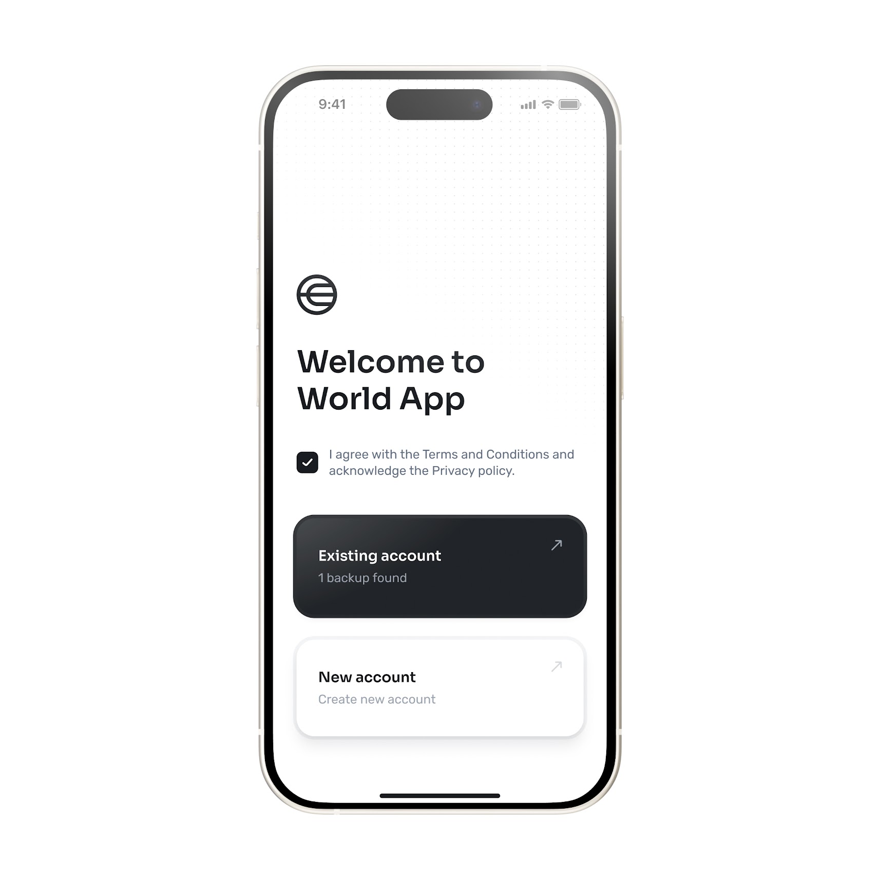 Welcome screen of the World App, displaying options for account access and backup.