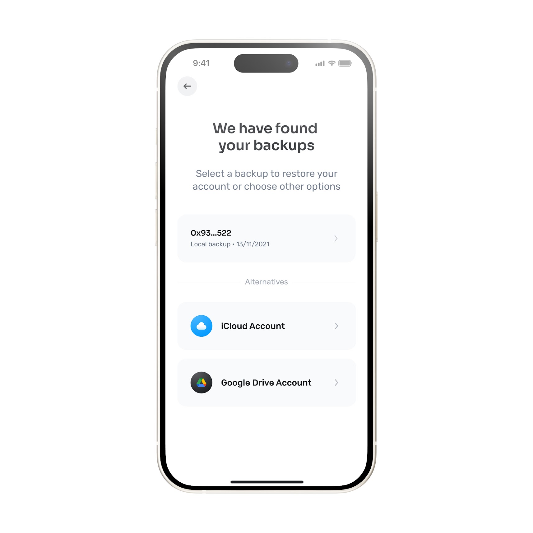 World App interface showing found backups for account restoration options, including local and cloud backups.