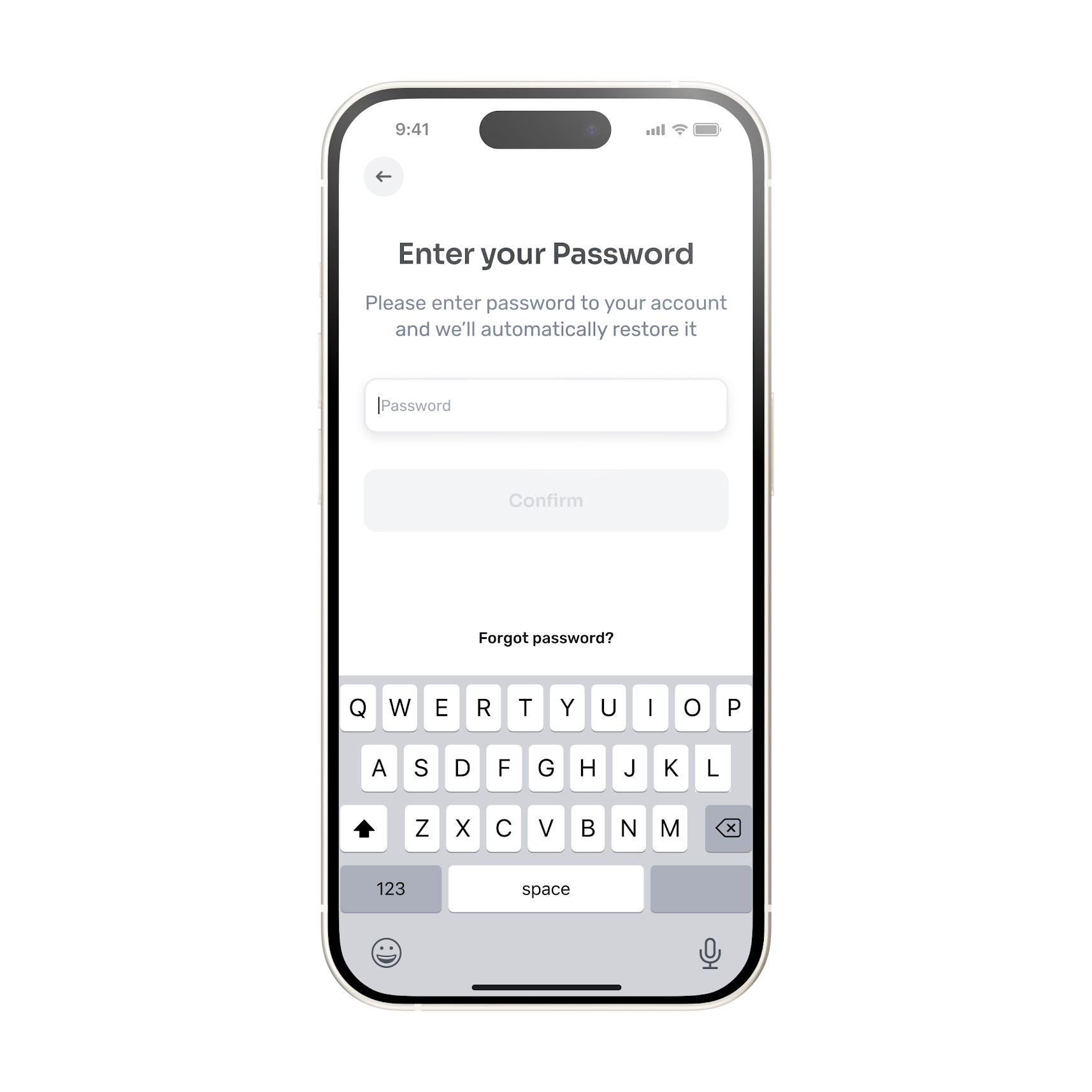 Password entry screen for the World App with fields for password input and confirmation.