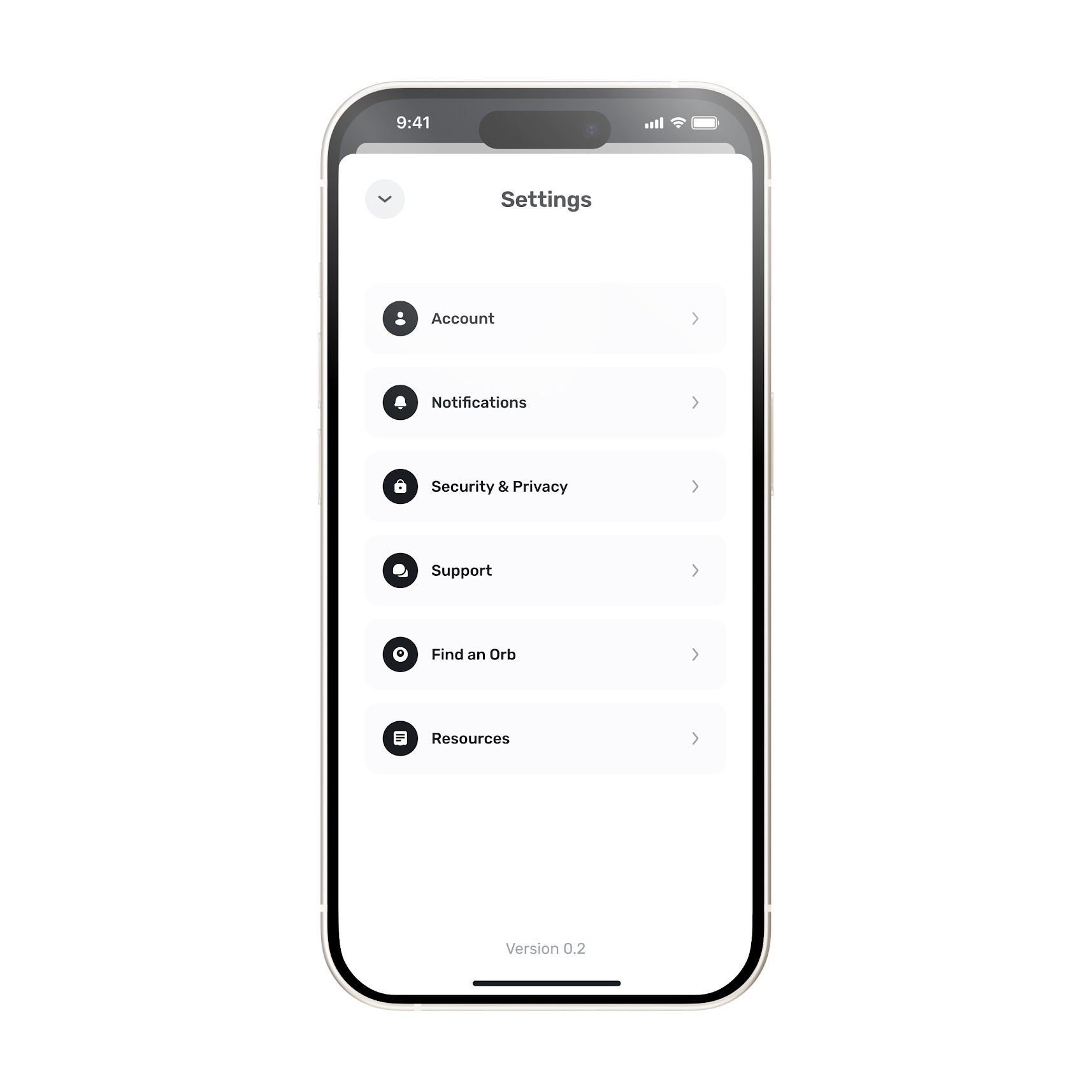 World App settings menu showing options for Account, Notifications, Security & Privacy, Support, Find an Orb, and Resources