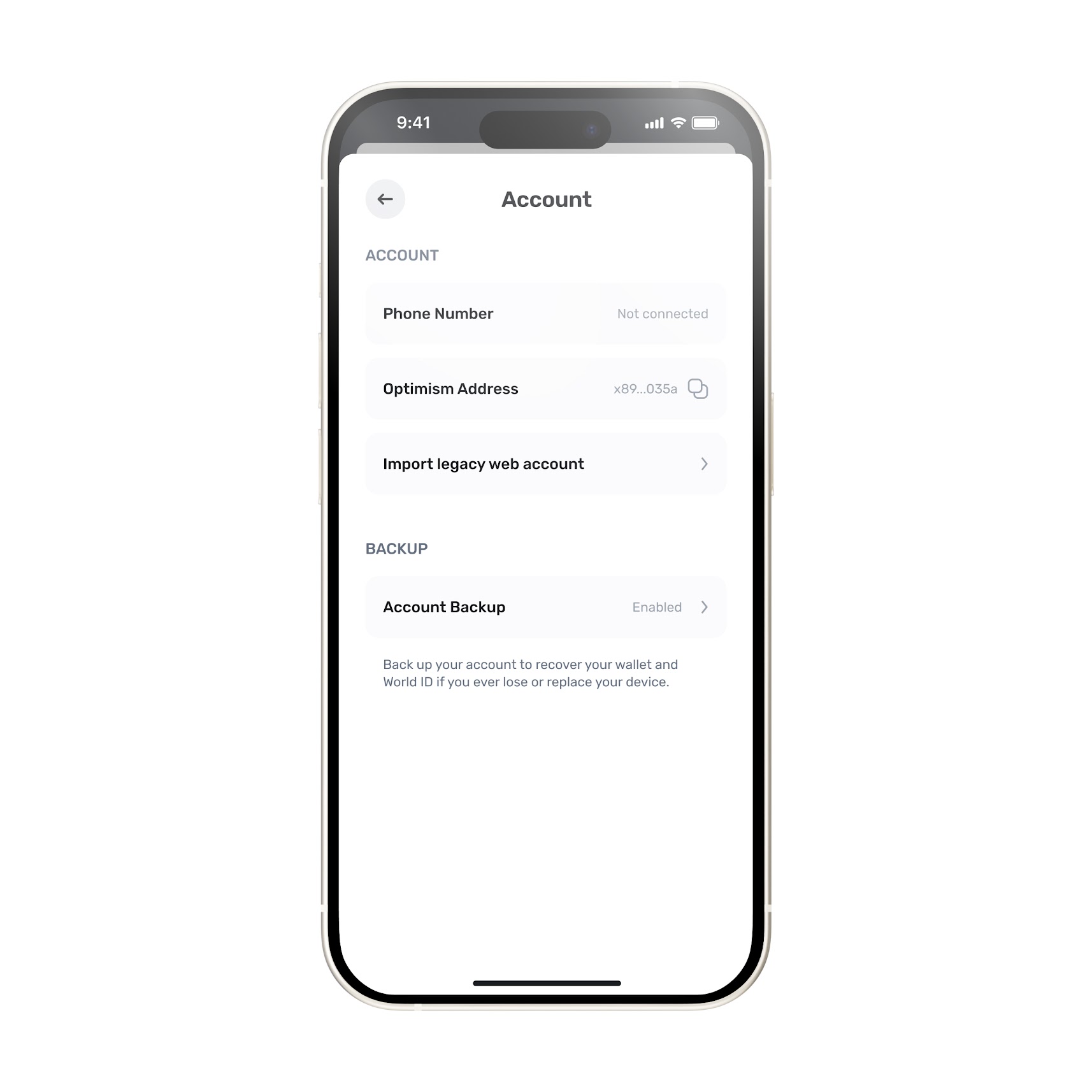 World App account settings screen showing phone number, Optimism address, and account backup options.