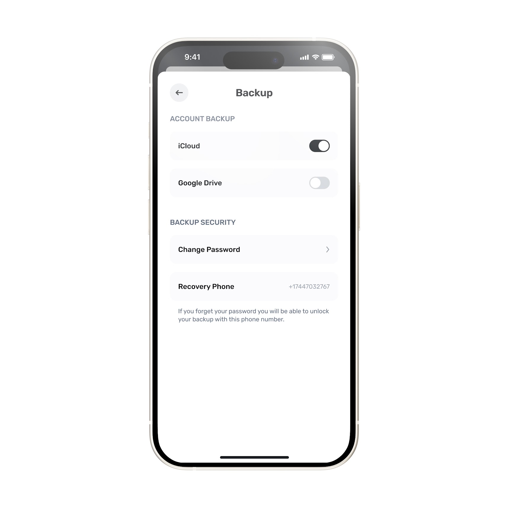 Screenshot of the backup settings in the World App, showing options for iCloud and Google Drive, along with account security settings.