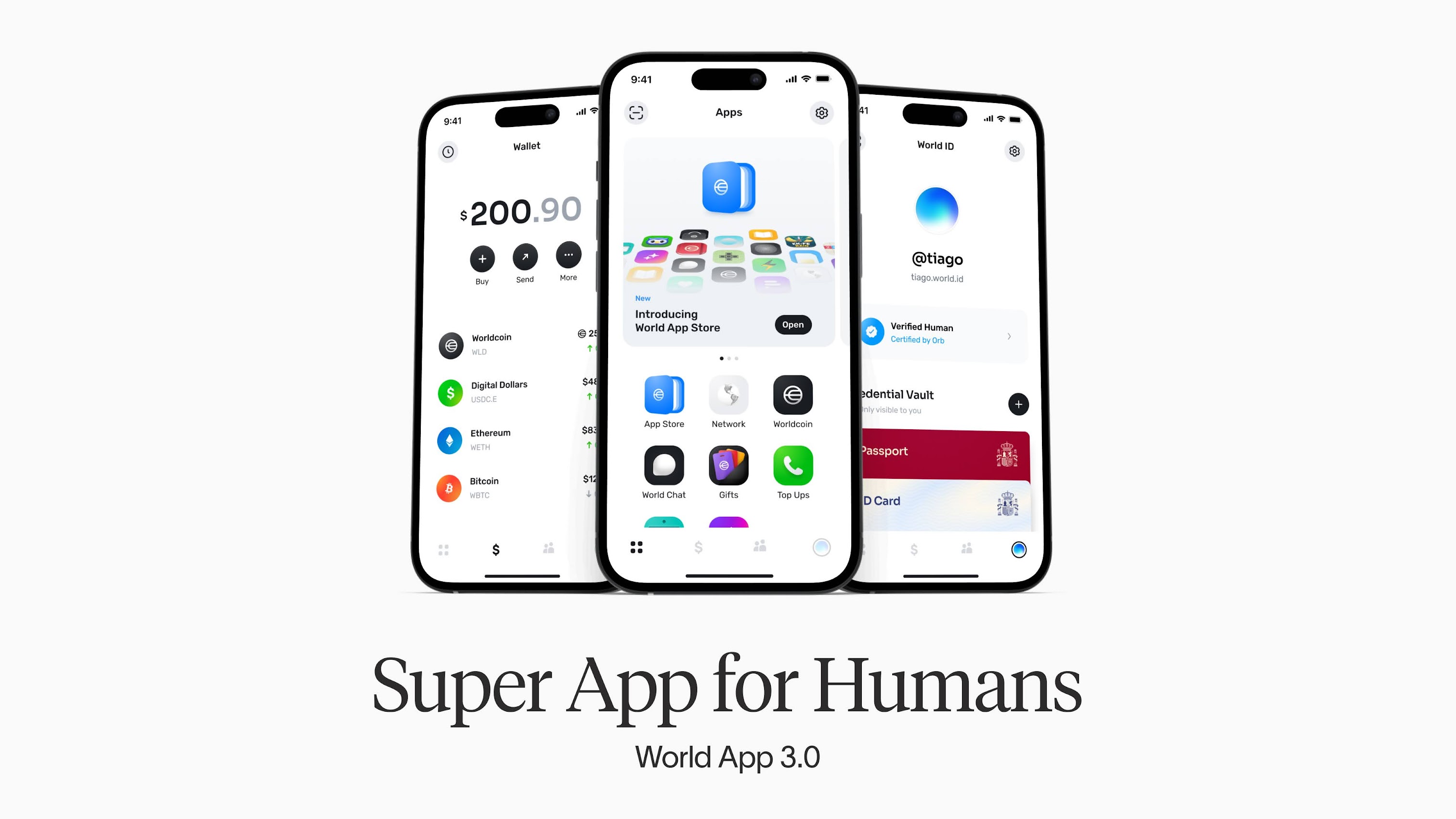 Screenshots of World App 3.0 showing the redesigned interface with features for user accessibility and engagement.