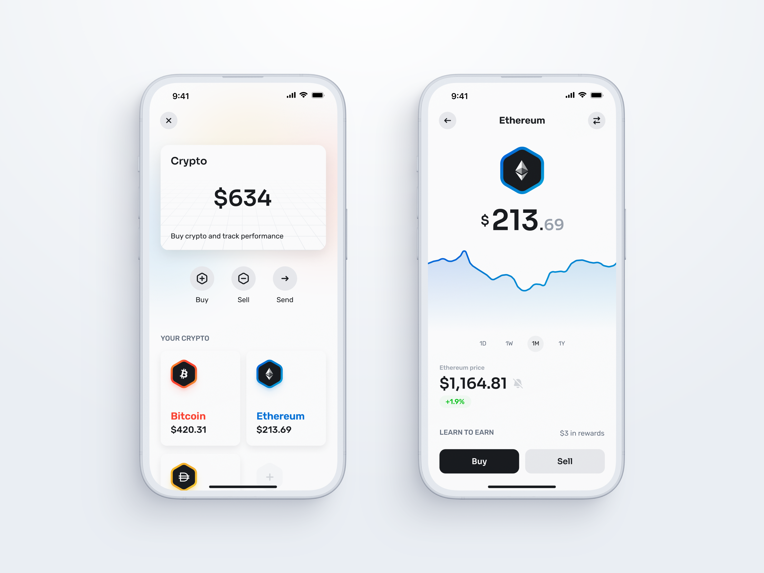 Screenshots of the World App showing cryptocurrency balances for Bitcoin and Ethereum, along with options to buy and track performance.