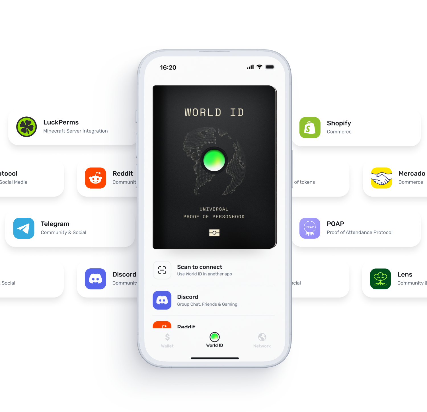 The World App displaying the World ID credential for universal proof of personhood, surrounded by various app icons like Discord and Reddit.