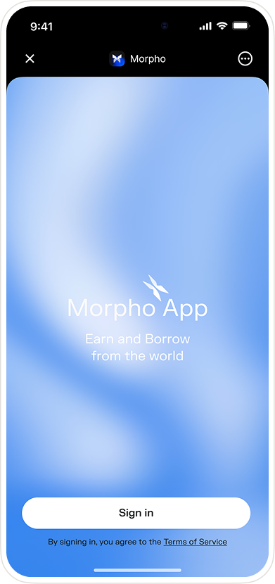 Login screen of the Morpho App with a blue gradient background and text encouraging earning and borrowing.