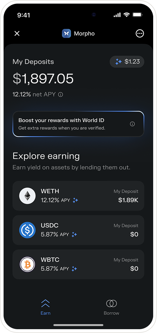 Screenshot of the Morpho page in the World App showing deposit balance and APY rates for crypto assets like WETH and USDC.