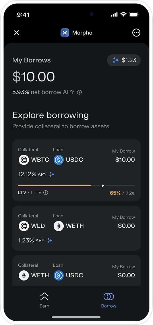 Screenshot of the Morpho borrowing page showing available assets for borrowing, including collateral and loan details with APY rates.