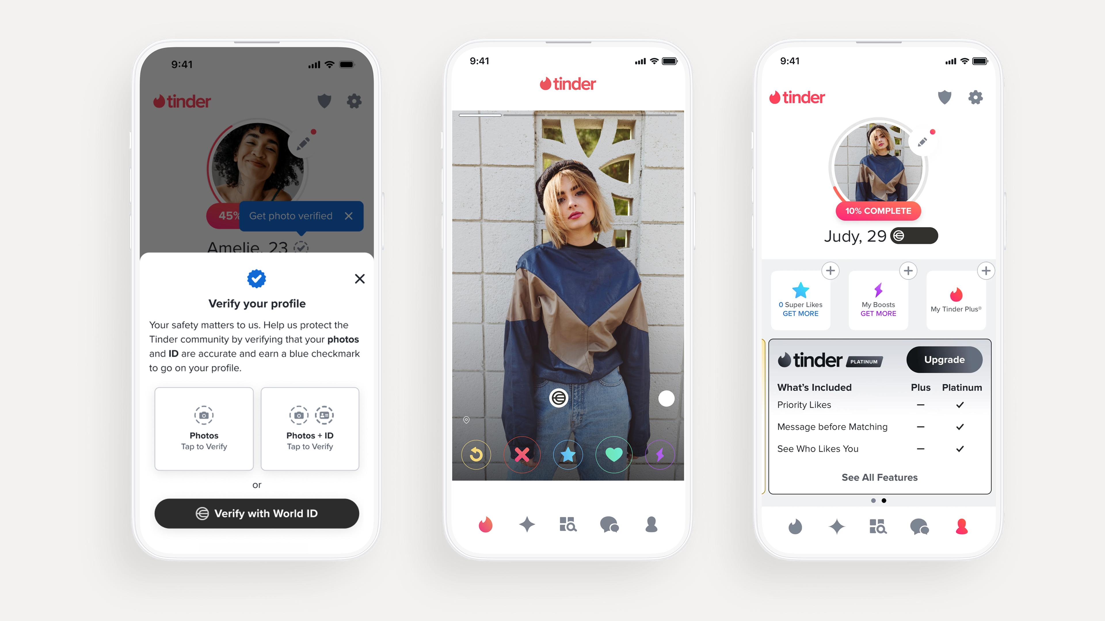 Screenshots of the Tinder app displaying profiles with photo verification options. One profile shows a verification status, indicating safety features. Another profile highlights upgrade options related to user experience.