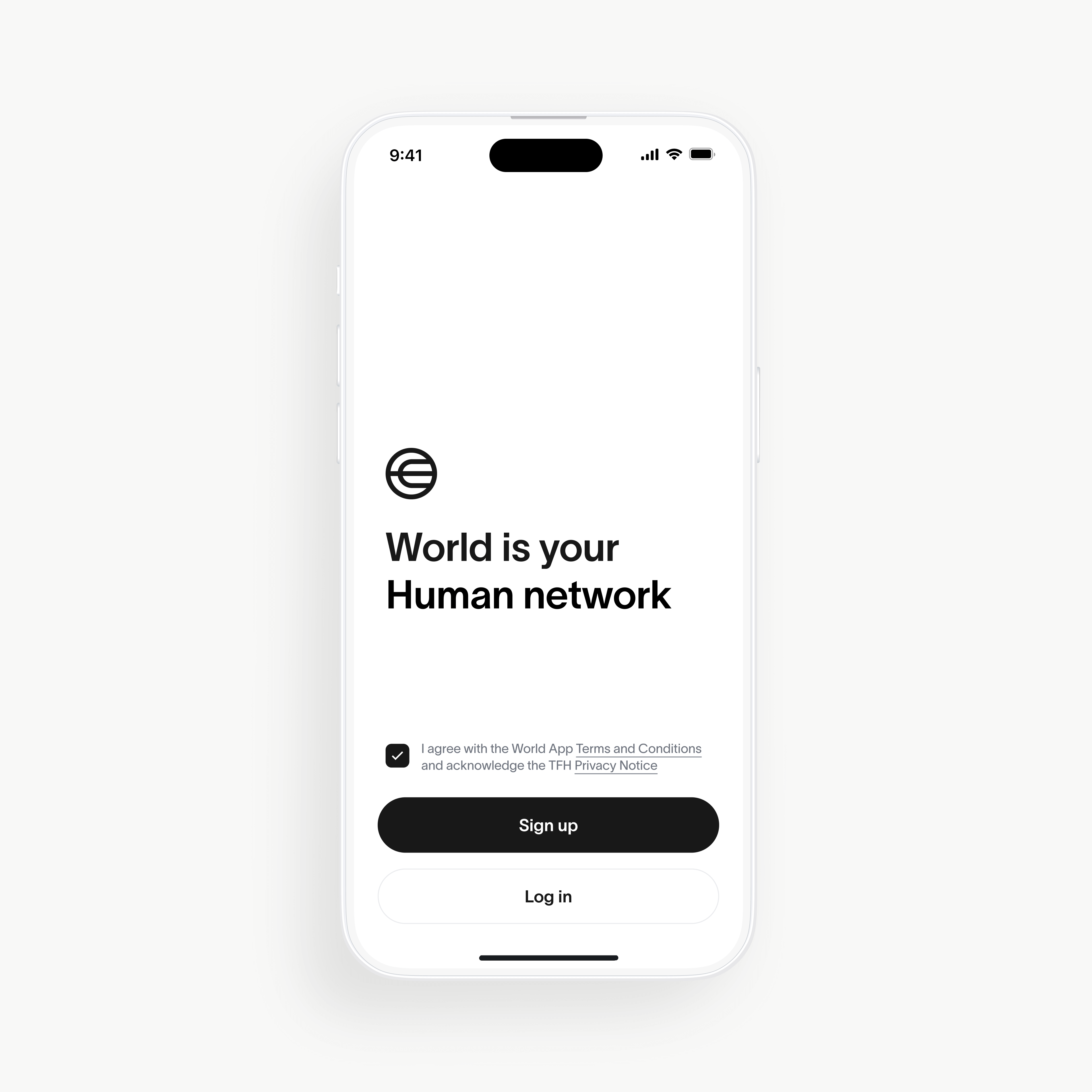 Login screen of the World App displaying 'World is your Human network' with options to 'Sign up' or 'Log in'.