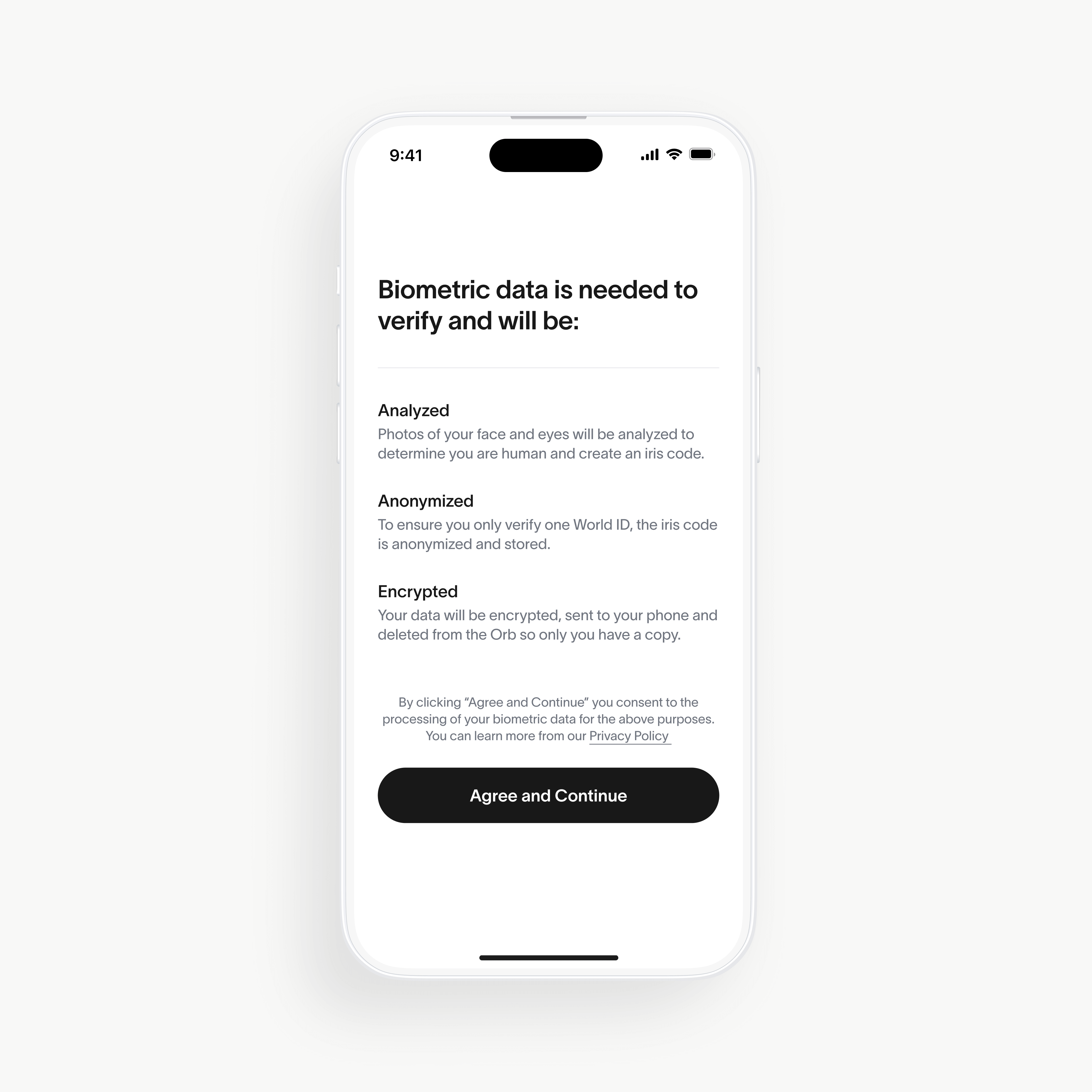 A smartphone screen displaying the biometric data consent process for World ID verification, including sections on analysis, anonymization, and encryption.