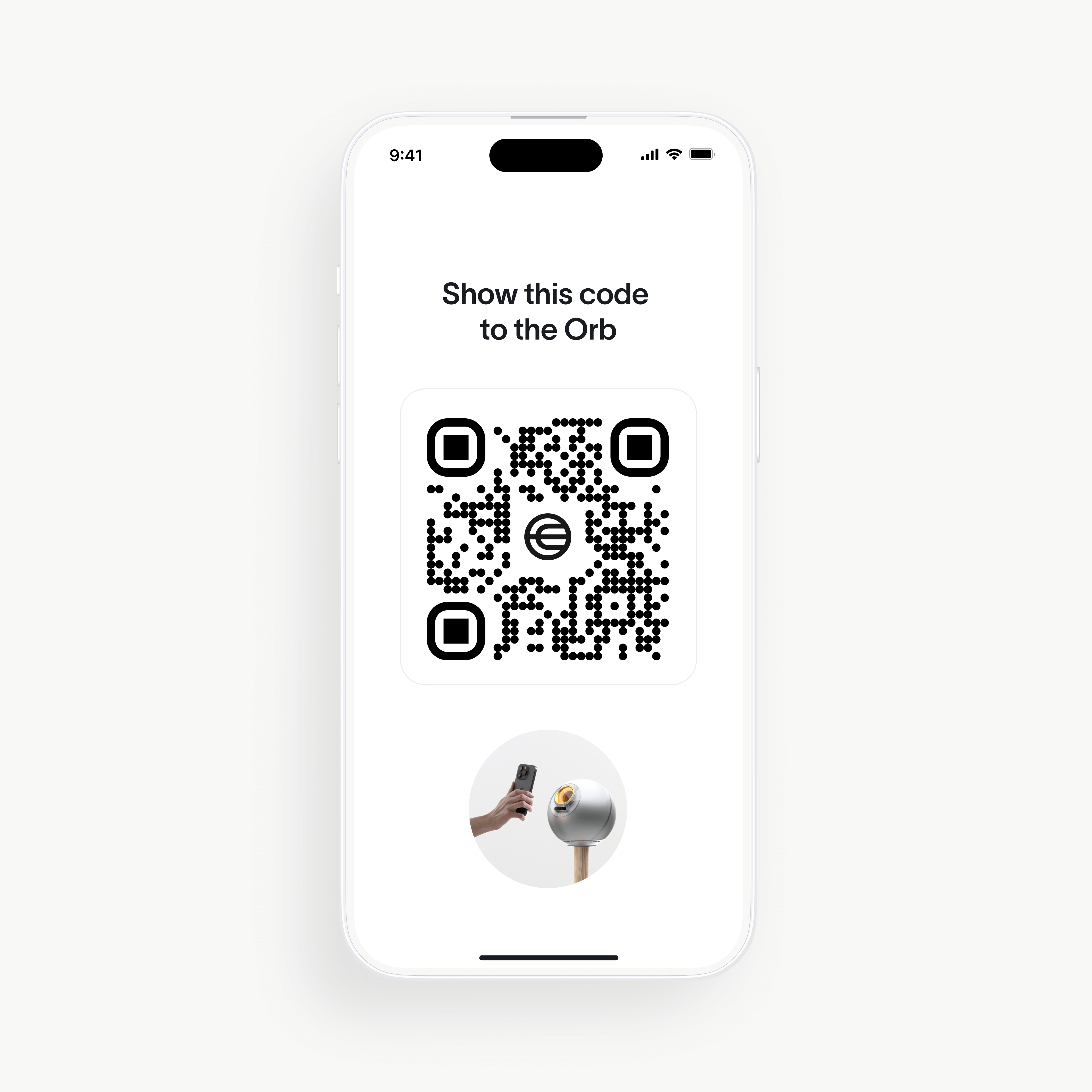QR code displayed on a mobile device, ready to be shown to the Orb for World ID verification.