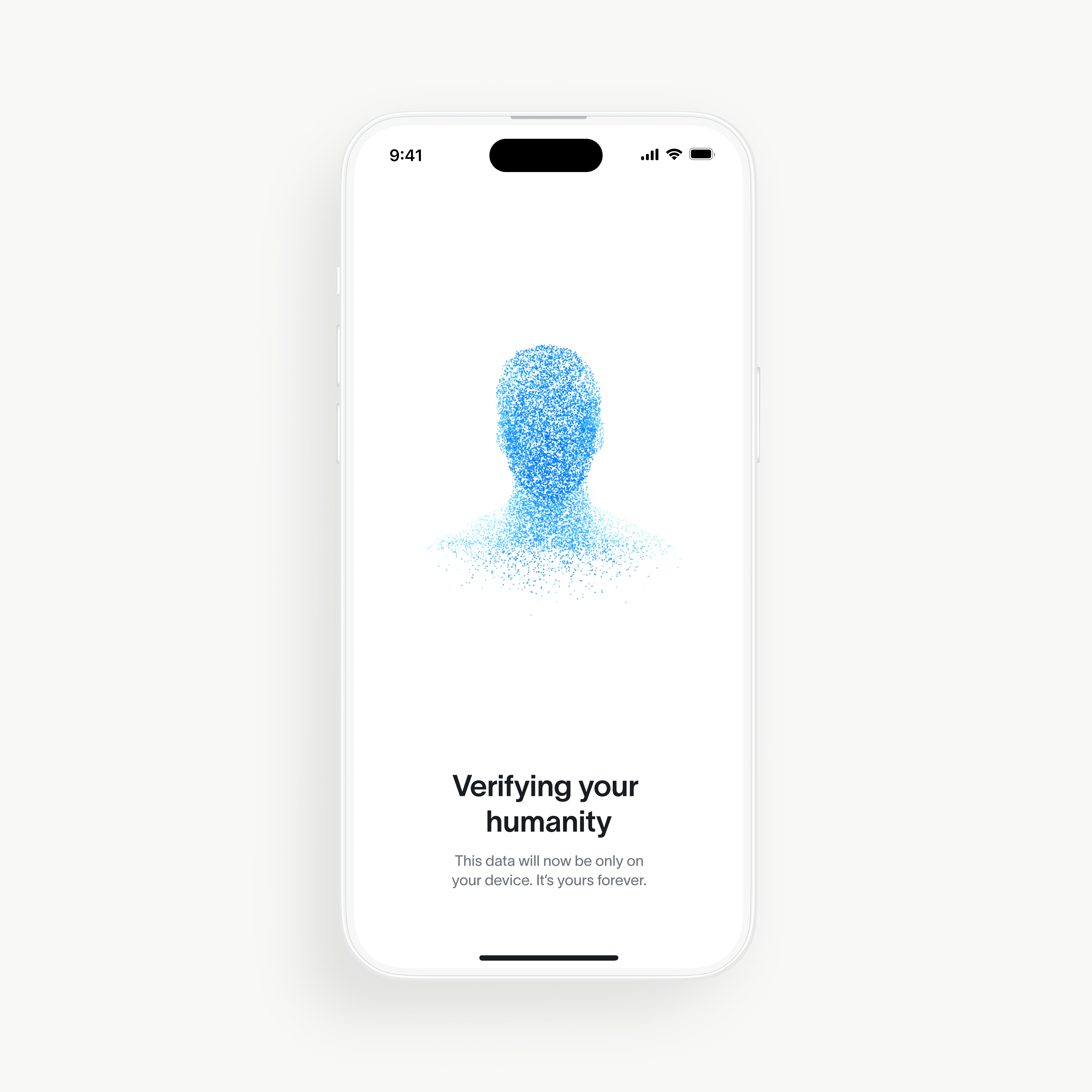 Mobile screen displaying a blue silhouette made of particles, with text stating 'Verifying your humanity.'