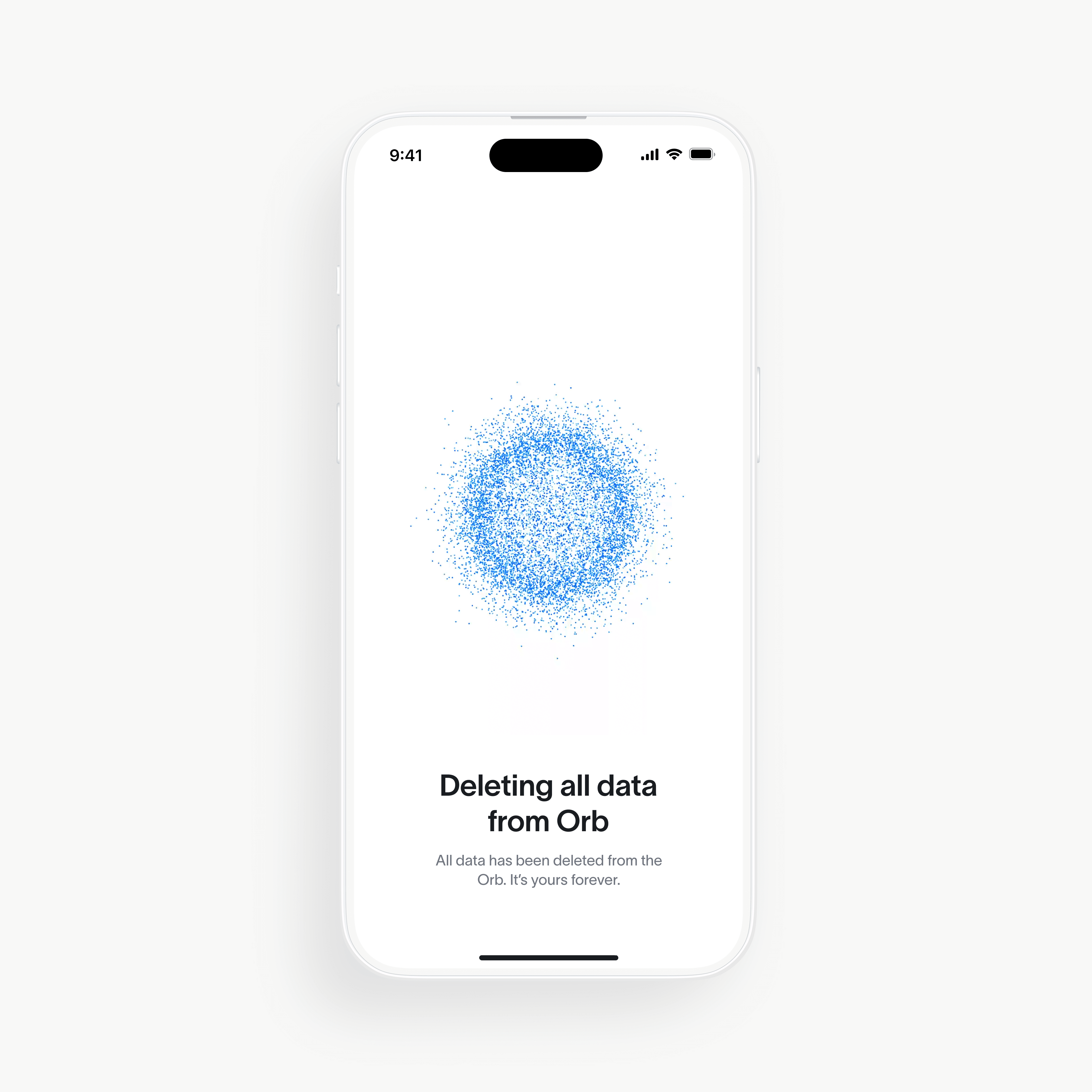 Mobile screen showing the message 'Deleting all data from Orb' with a blue Orb design. Indicates the completion of data deletion process.