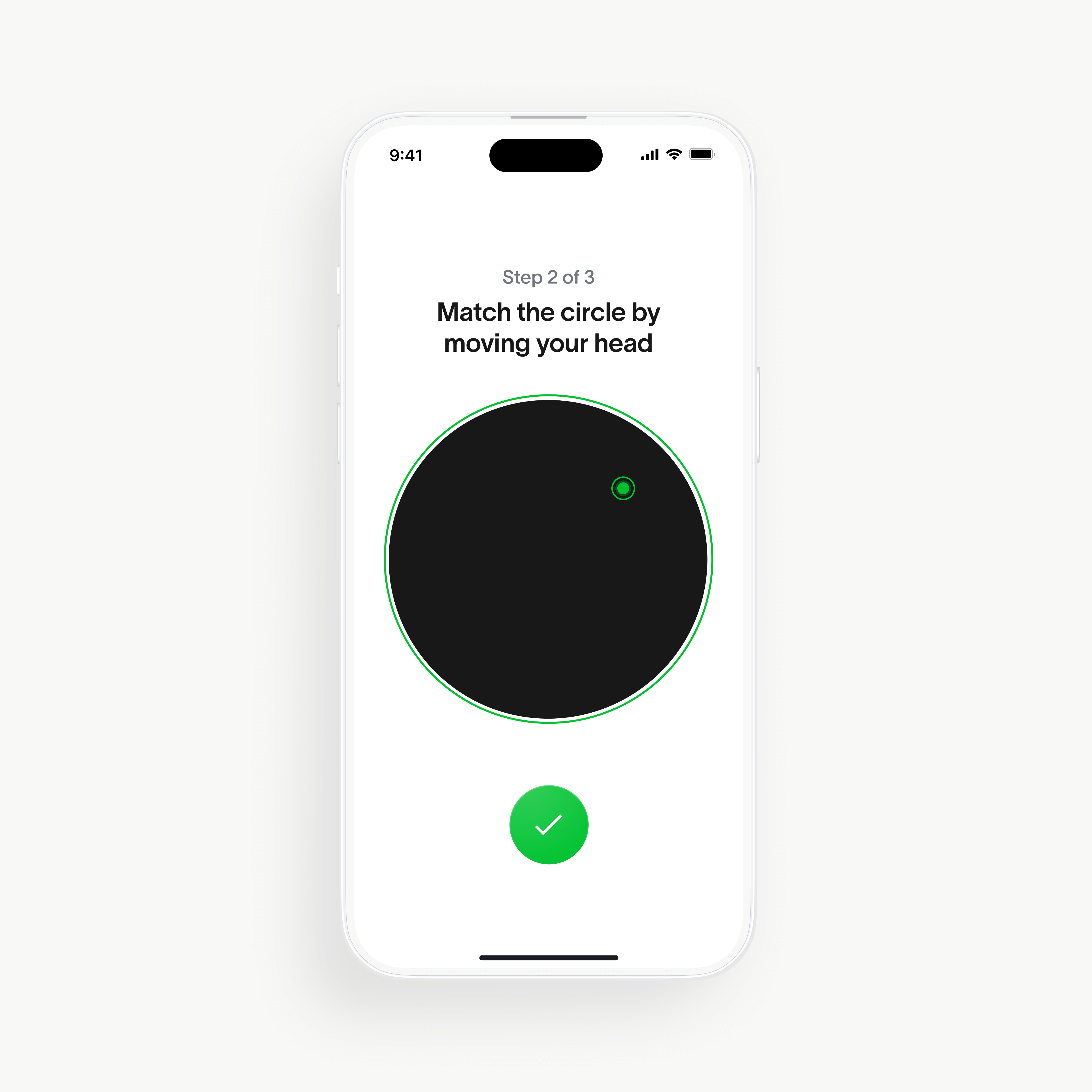 World App interface showing step 2 of the verification process, prompting users to match a circle by moving their head.