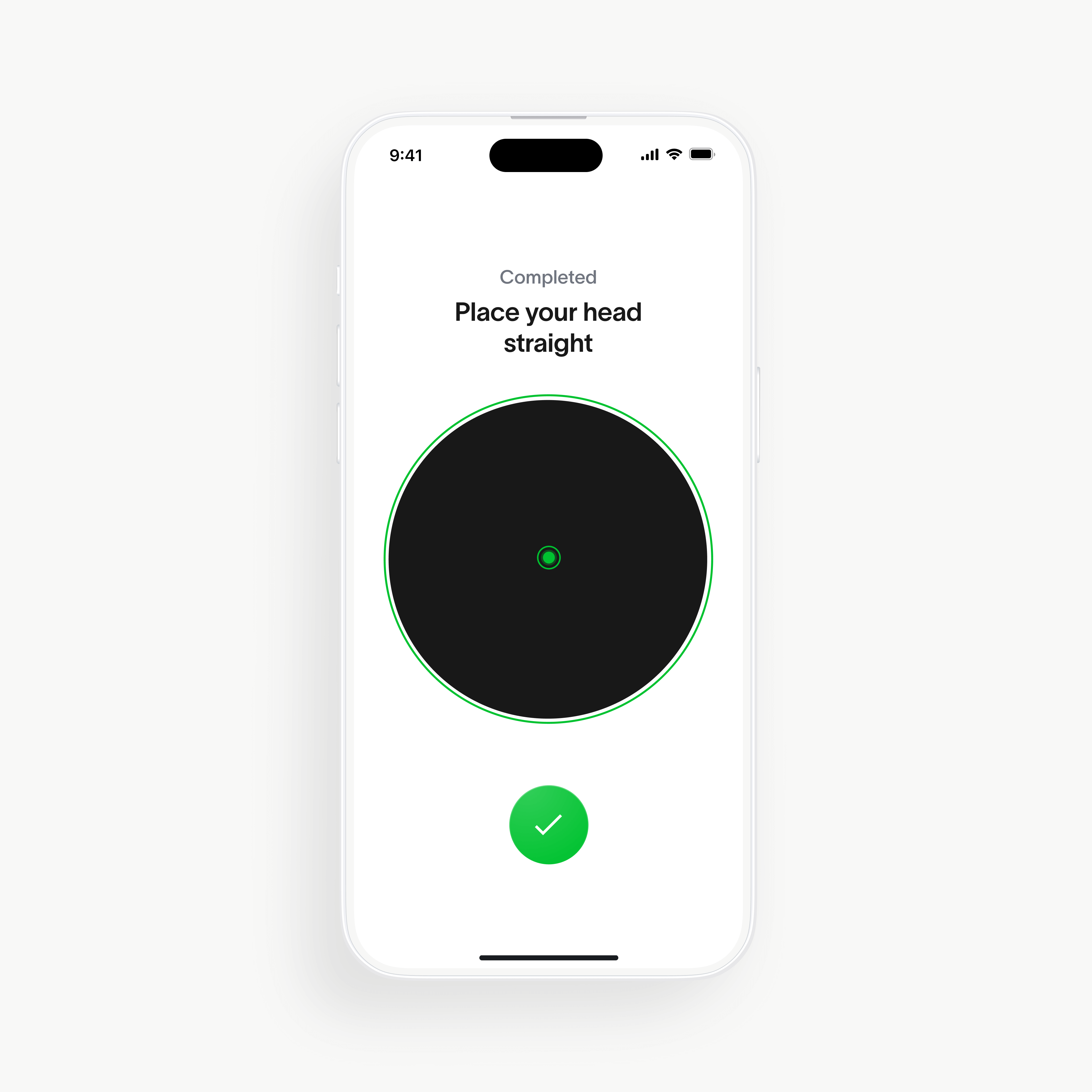 World App interface showing a completed biometric verification step with instructions to place head straight and a check mark indicating success.