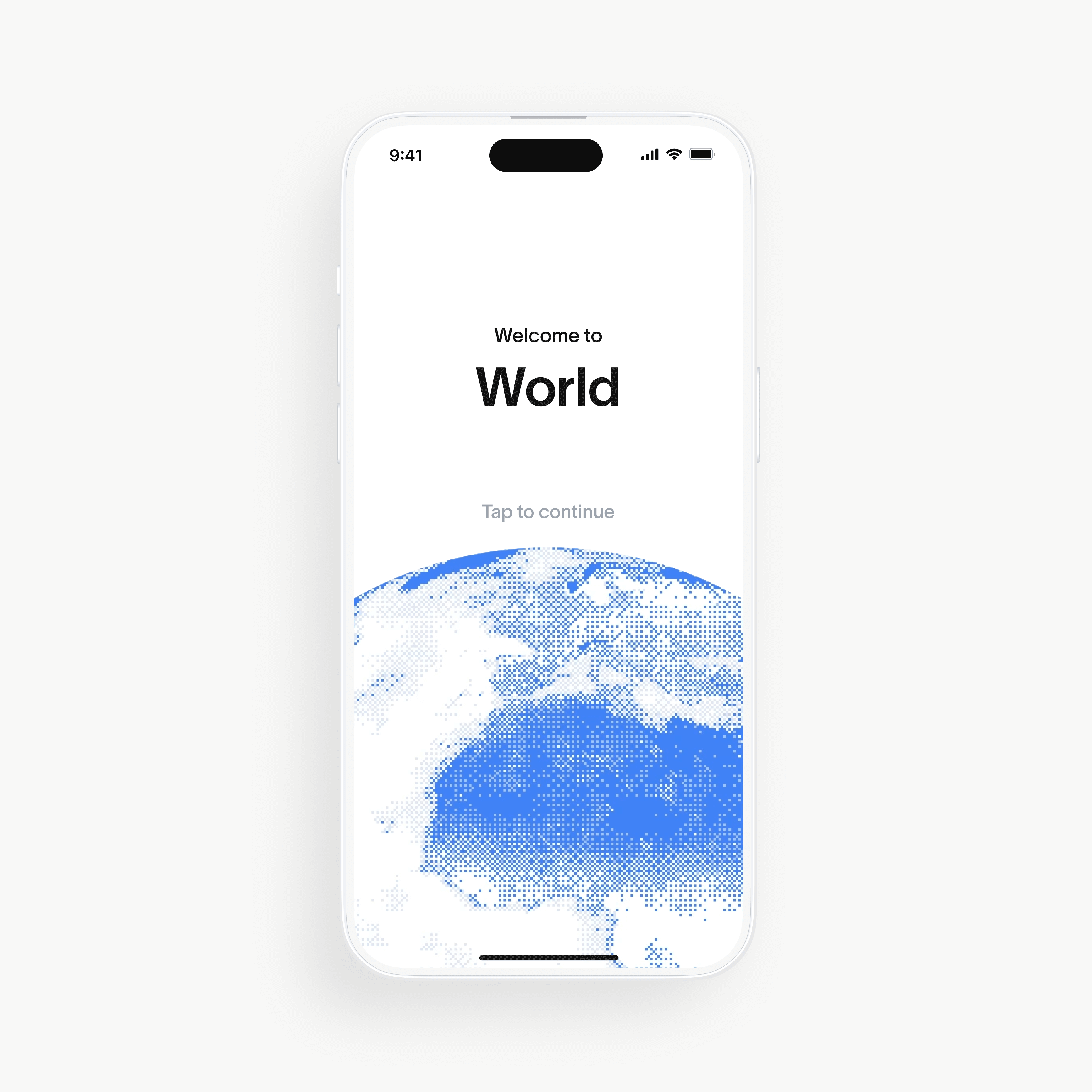 Welcome screen of the World app displaying a stylized globe and 'Welcome to World' text.
