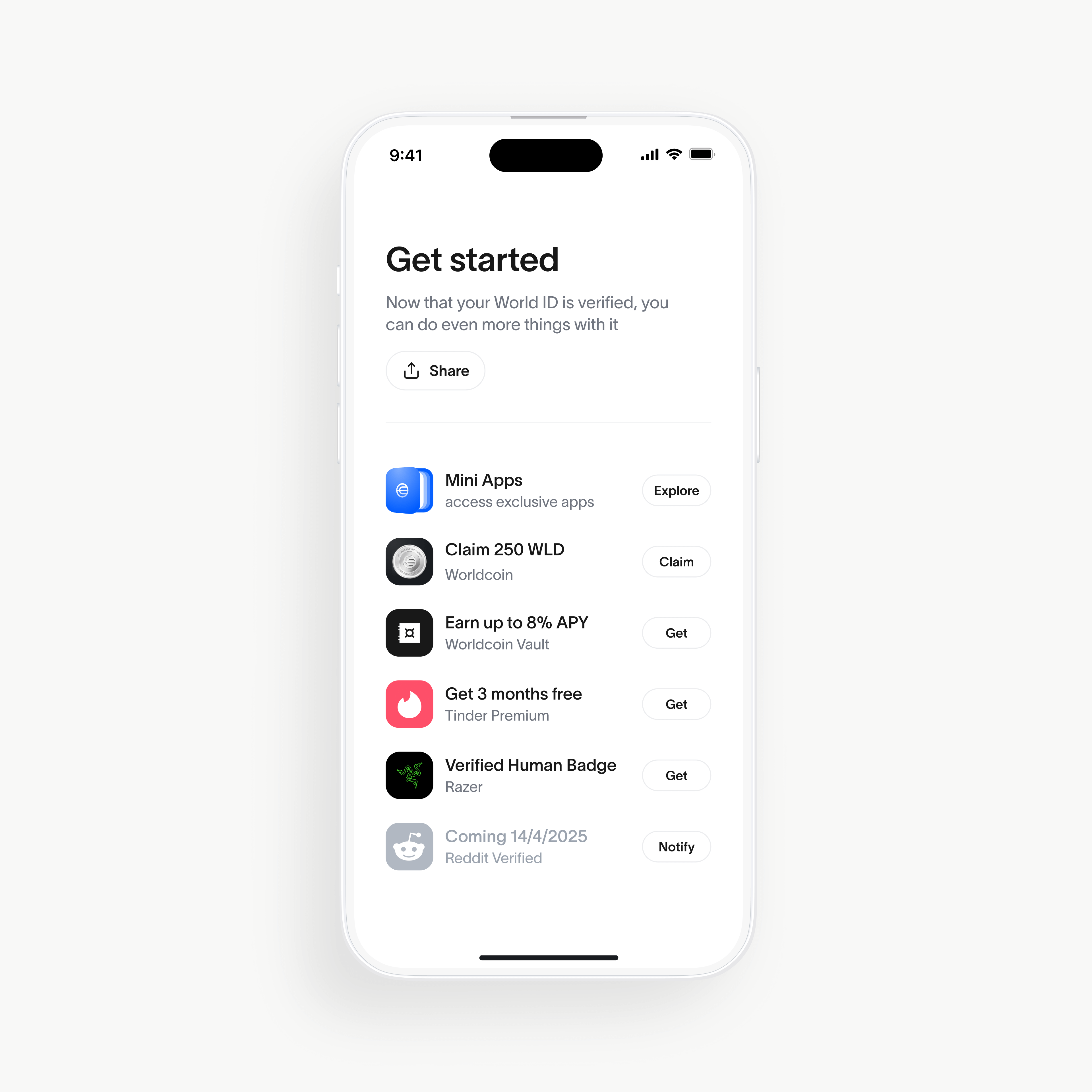 A smartphone screen displaying the World App's 'Get started' section, featuring options like claiming WLD, earning APY, and obtaining verified badges.