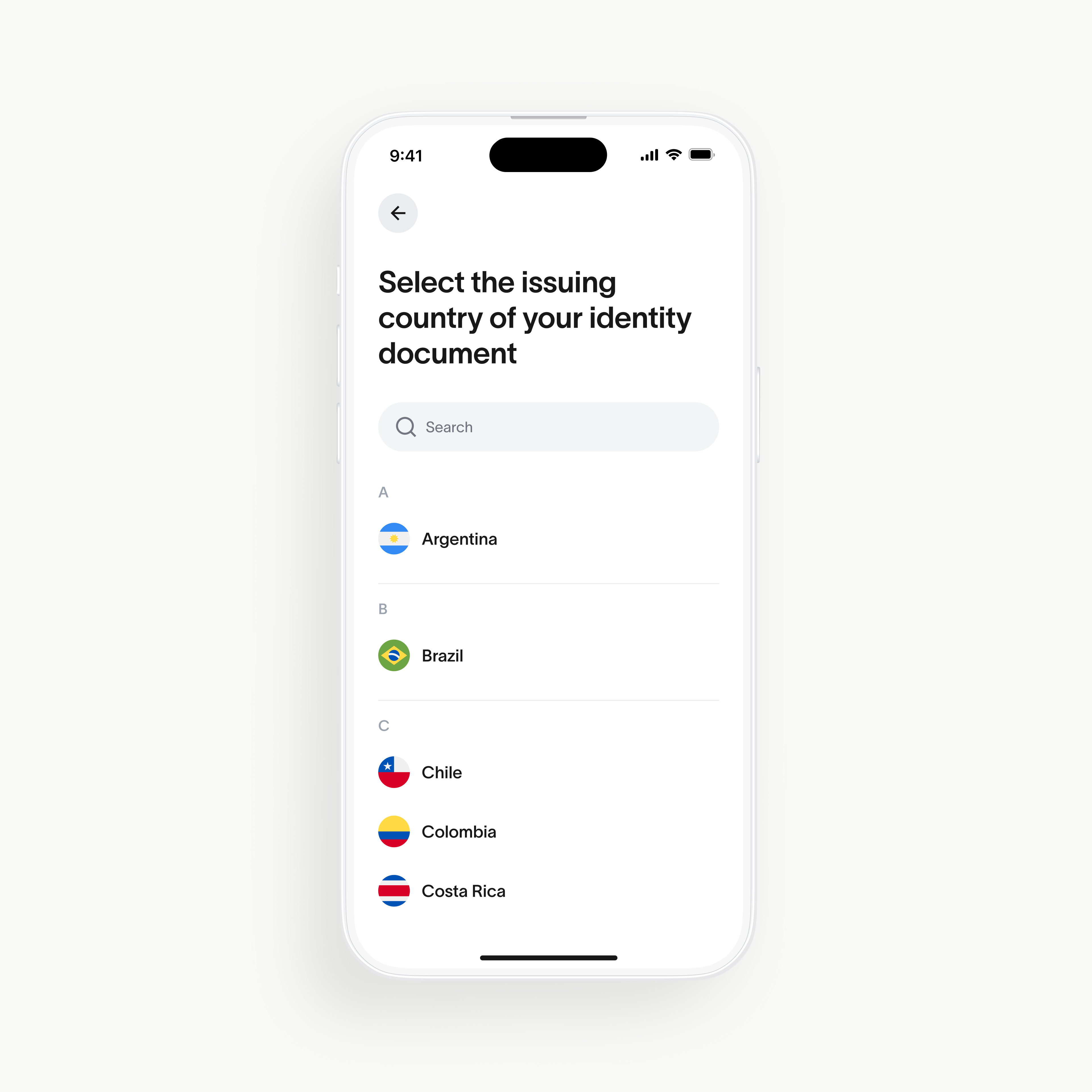 Screenshot of World App displaying a country selection menu for identity document verification, featuring Argentina, Brazil, Chile, Colombia, and Costa Rica.