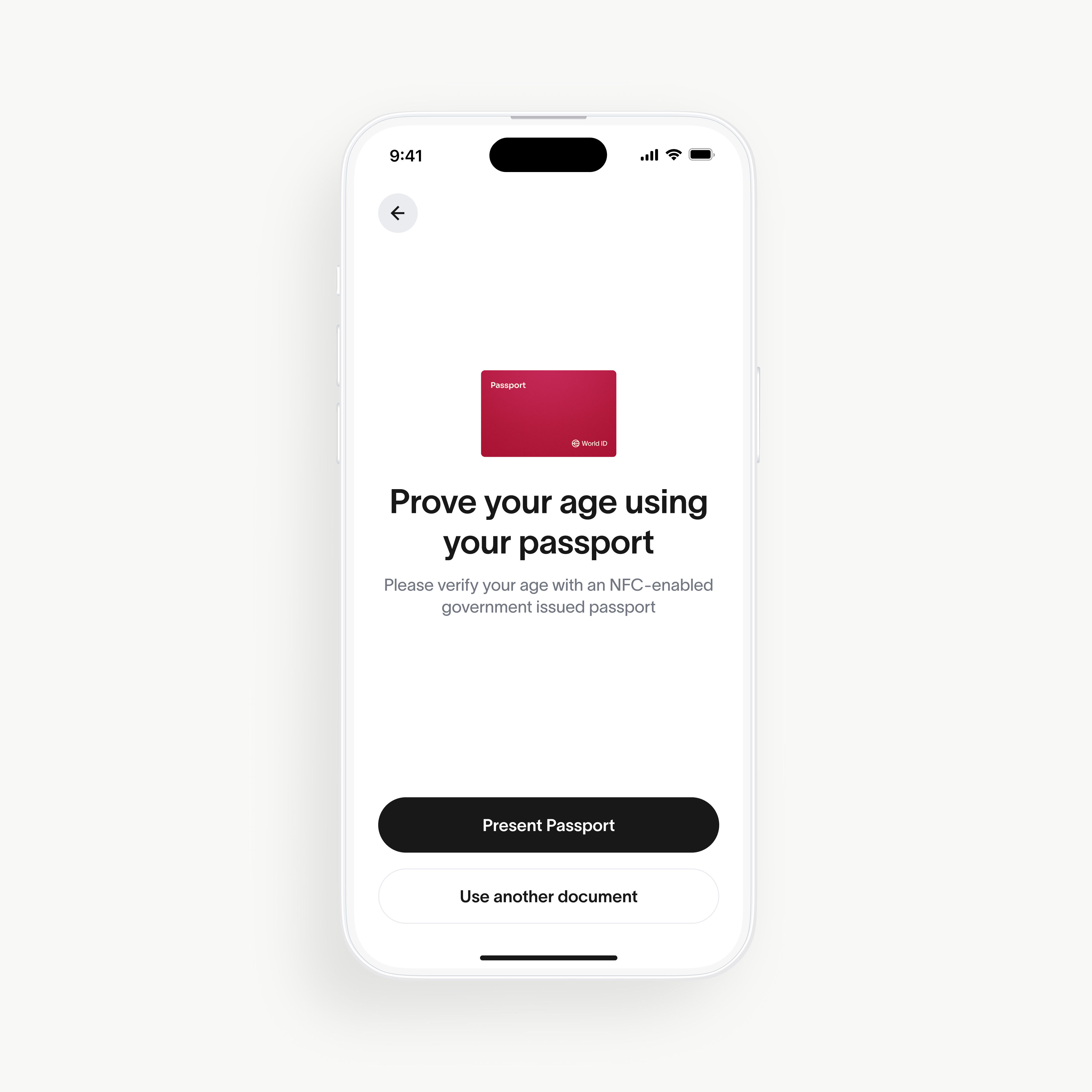World App interface showing age verification option with a prompt to present a government issued passport.
