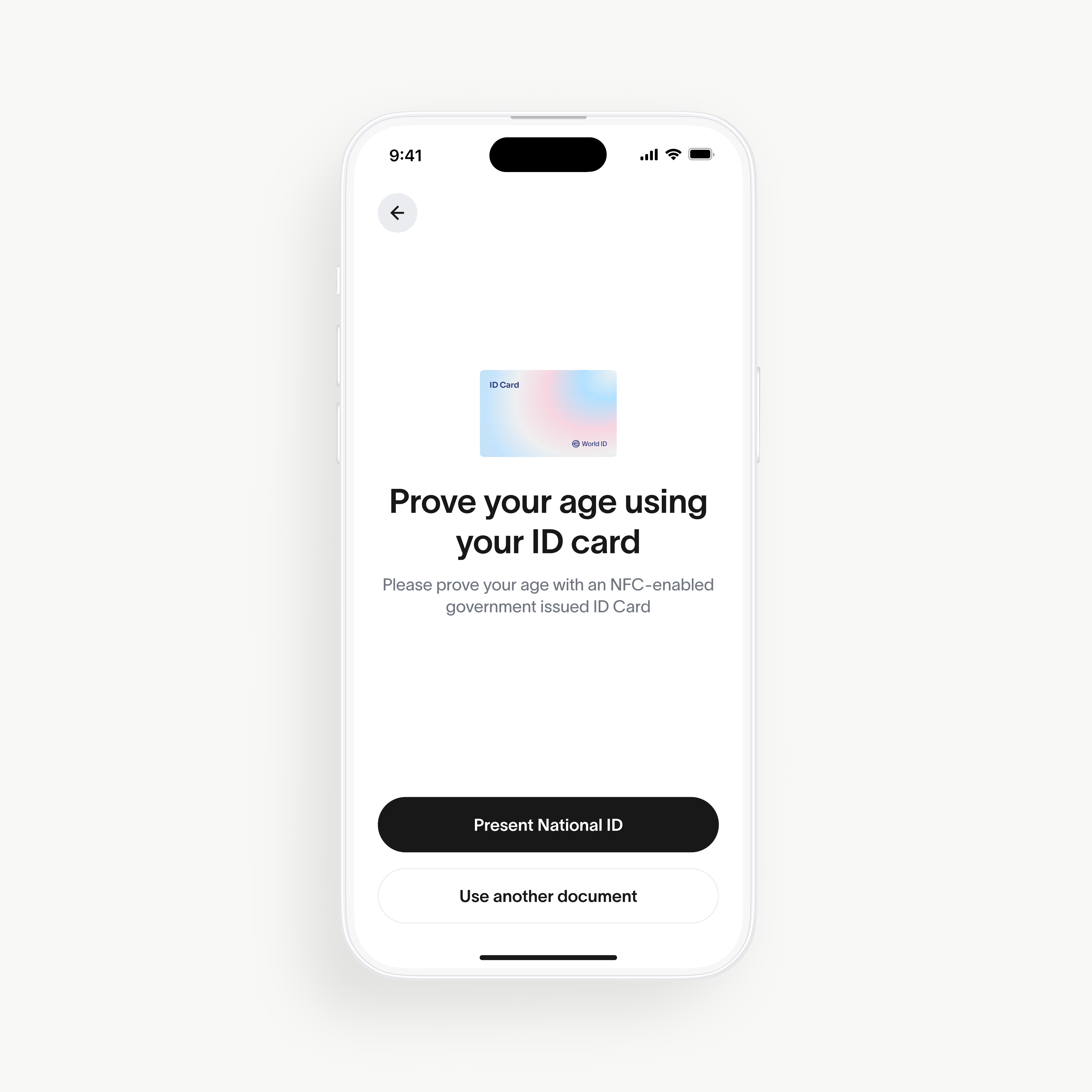 Screenshot of the World App interface prompting users to prove their age with an NFC-enabled government ID card, featuring options to present a national ID or use another document.