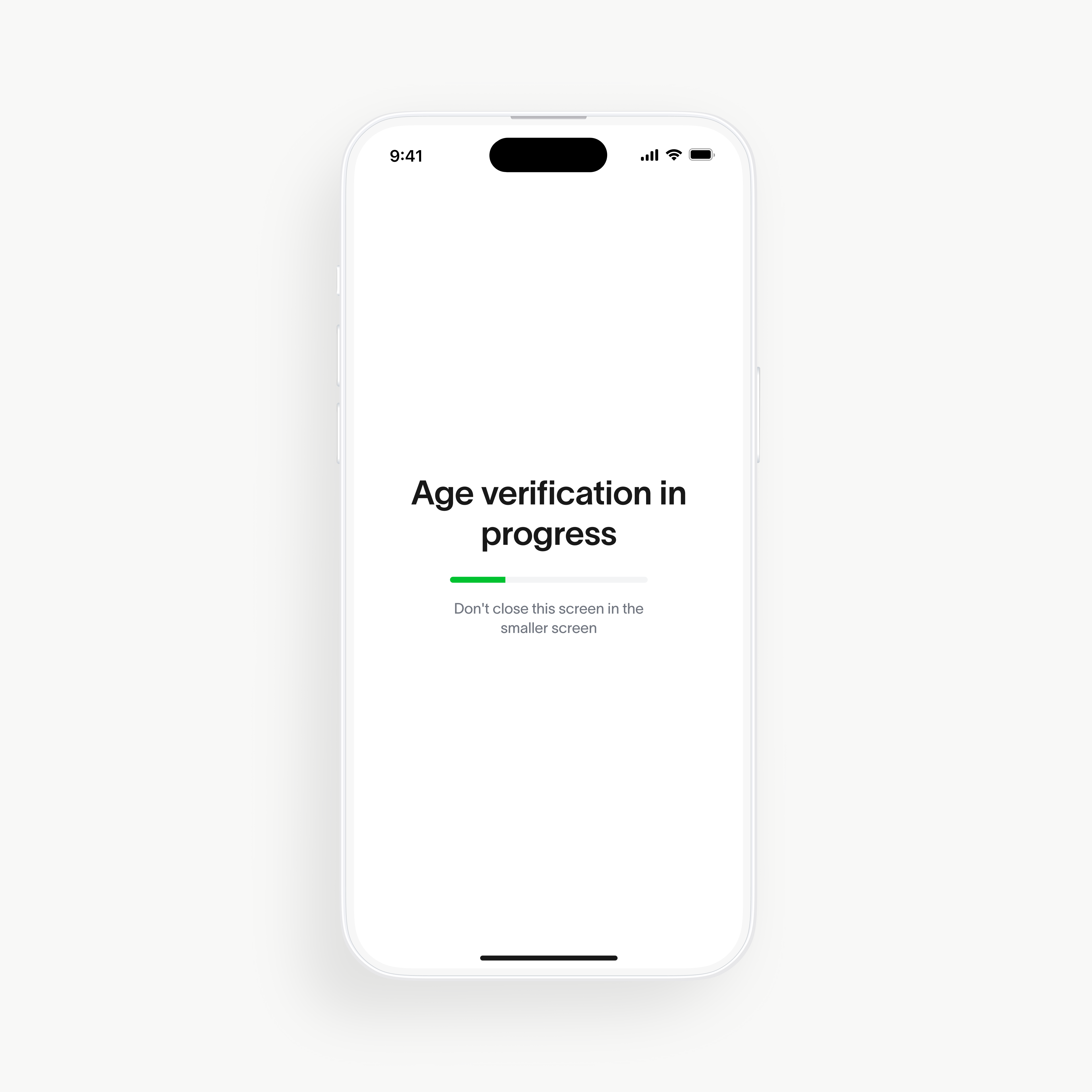A smartphone displaying a screen that reads 'Age verification in progress' with a loading indicator. The background is plain white, emphasizing the verification process.
