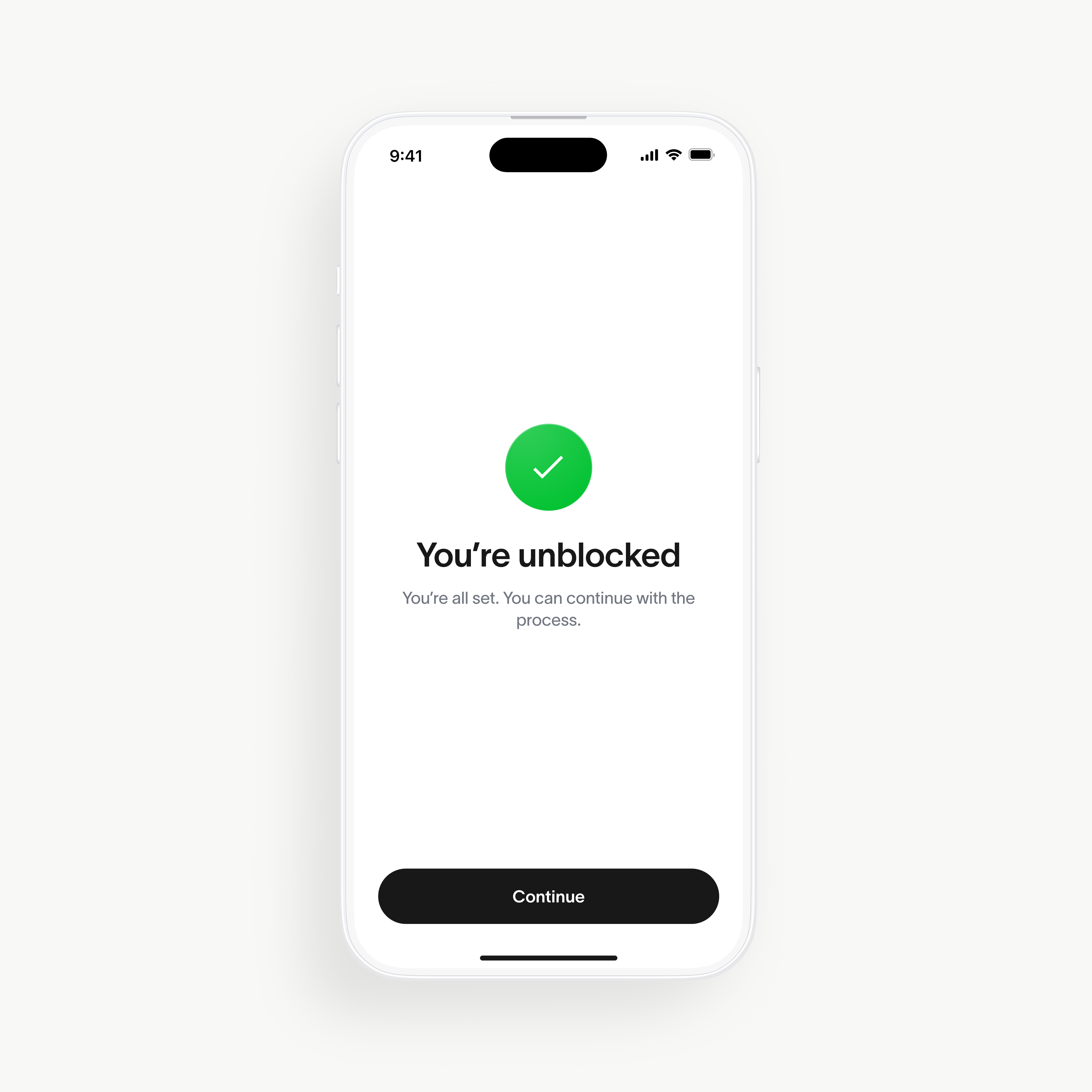 Screen of the World App displaying a message that the user is unblocked and can continue the process