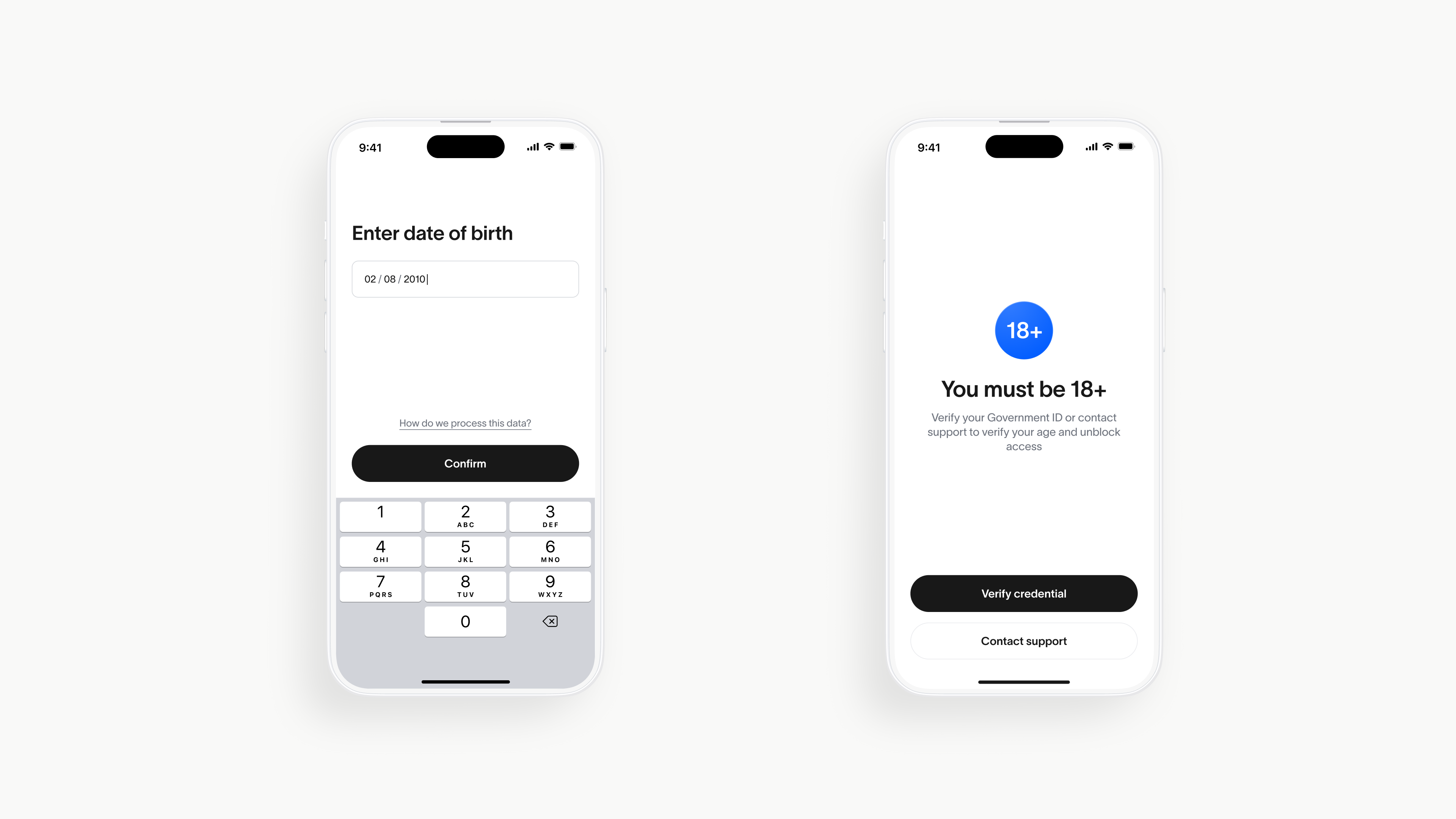 Two smartphone screens displaying age verification prompts for the World App, including date of birth input and age confirmation message.