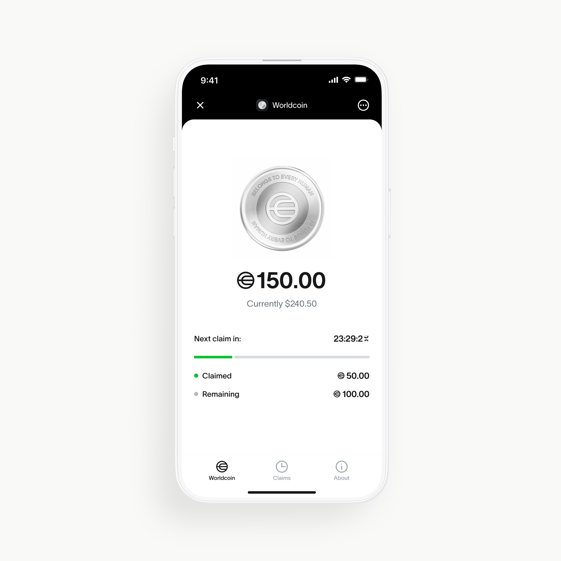 Screenshot of the World App displaying Worldcoin balance and claim status, showing €150.00 and next claim timer.