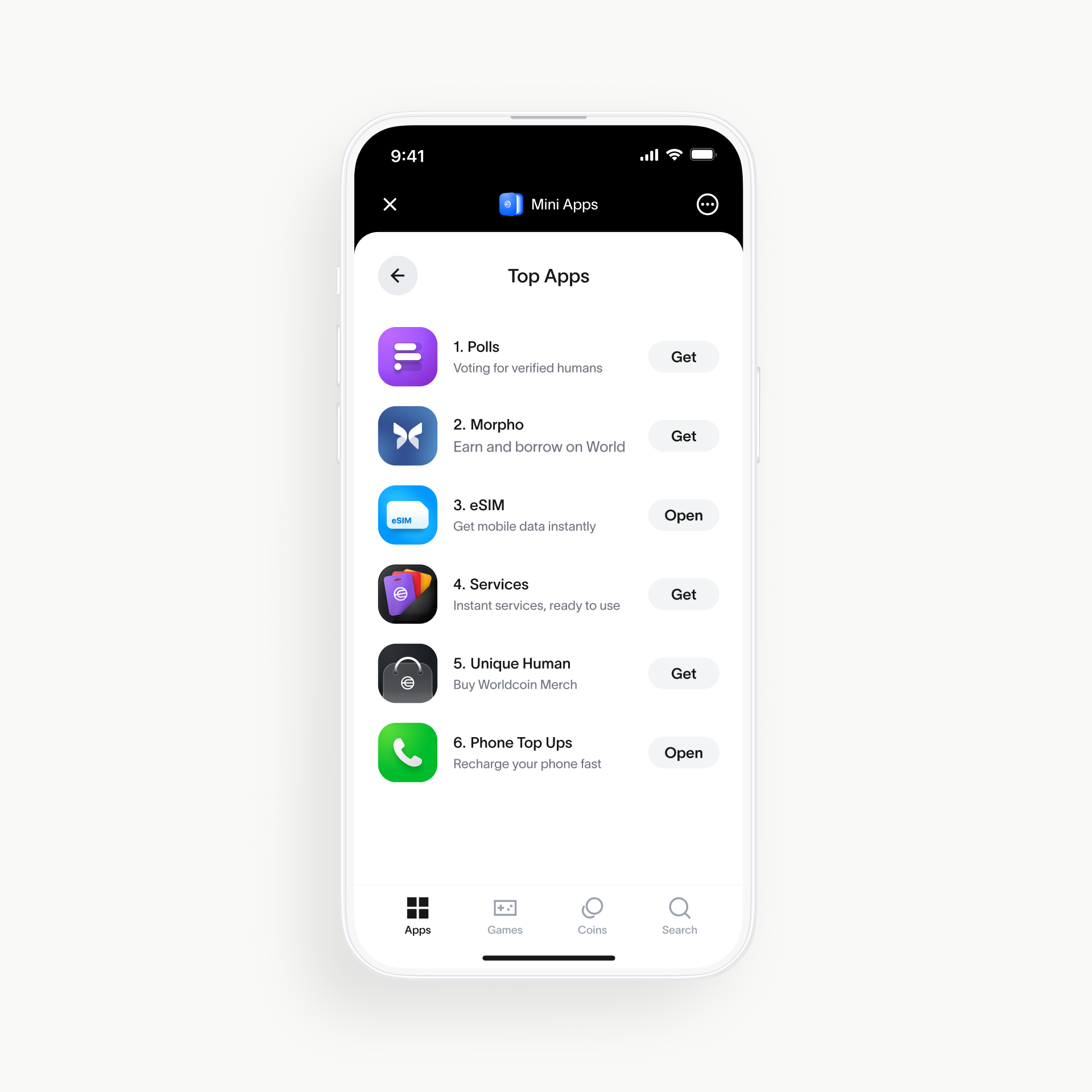 Screenshot of the World App showing Top Apps section with options like Polls, Morpho, 3.SIM, Services, Unique Human, and Phone Top Ups.