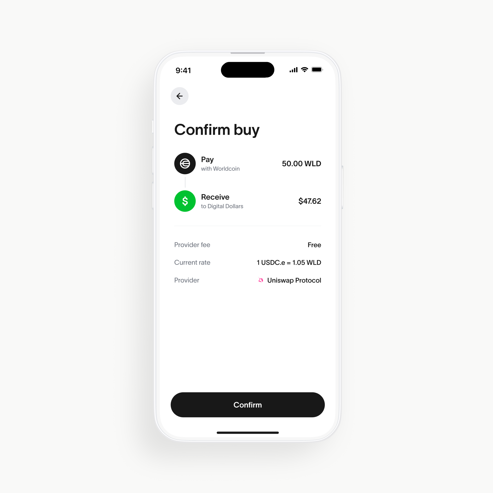 Mobile screen showing confirmation for buying 50.00 WLD with details on provider fee and current rate.