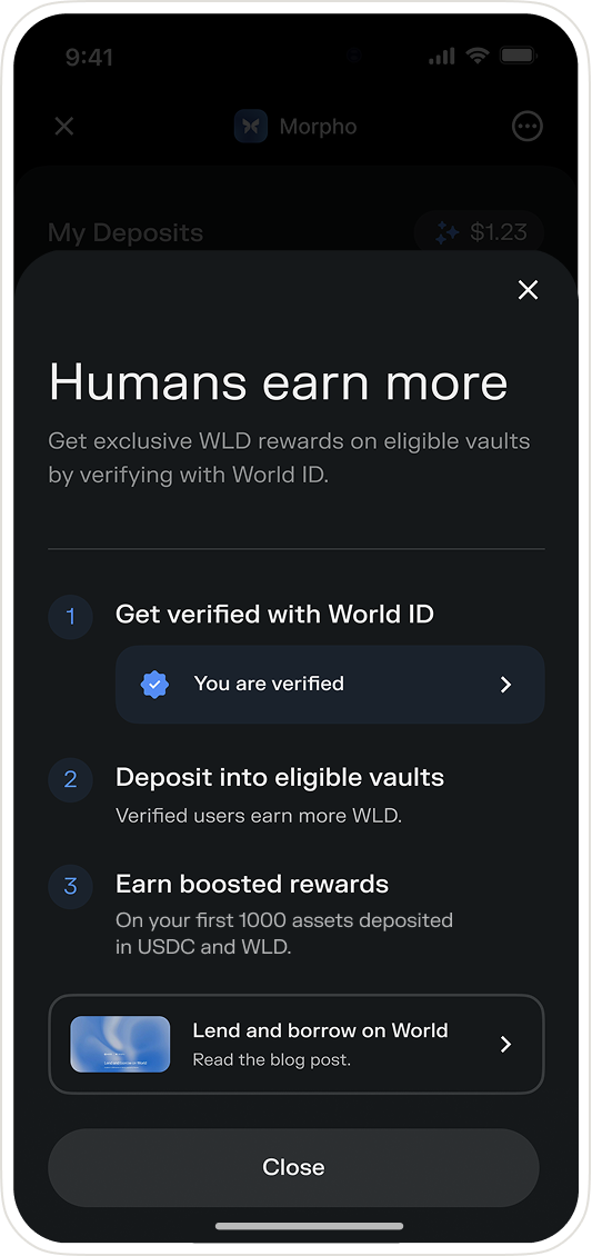 Popup encouraging users to verify with World ID to earn WLD rewards, detailing steps to verify, deposit, and earn boosted rewards.