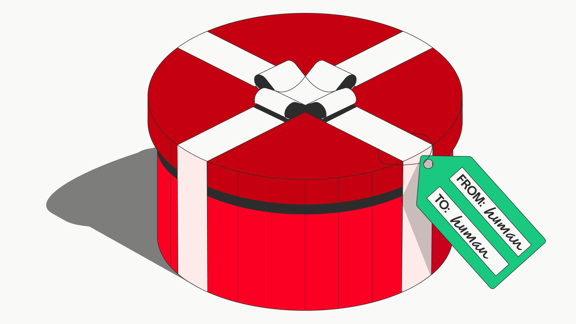 A round red gift box with a white ribbon and a tag reading 'FROM: Human TO: Human'.