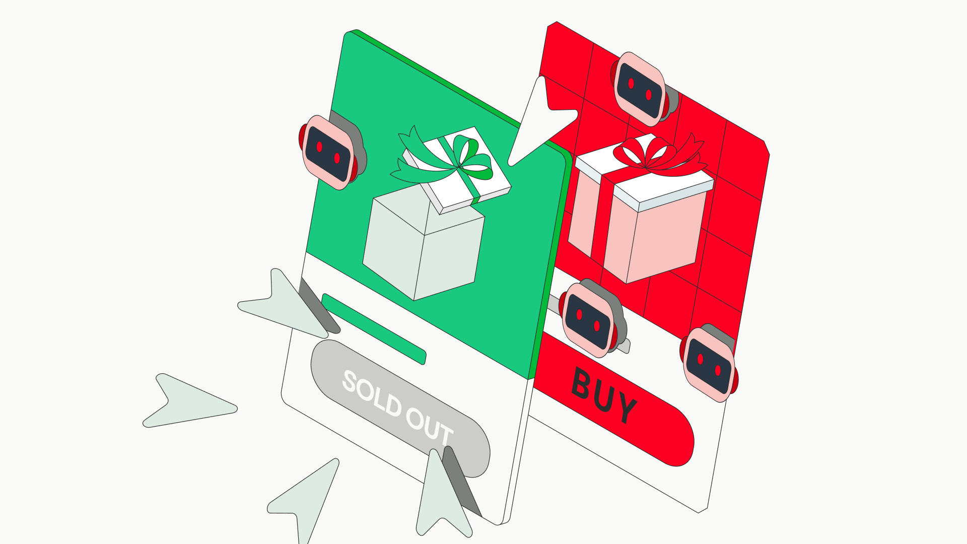 A visual representation contrasting a sold out gift box in green with a buy button for a gift box in red, featuring robotic icons, highlighting the issue of bot purchases during the holiday season.
