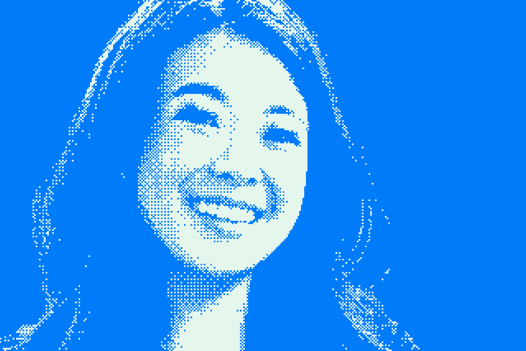Stylized blue and light blue halftone image of a smiling young person, representing community and engagement with technology.